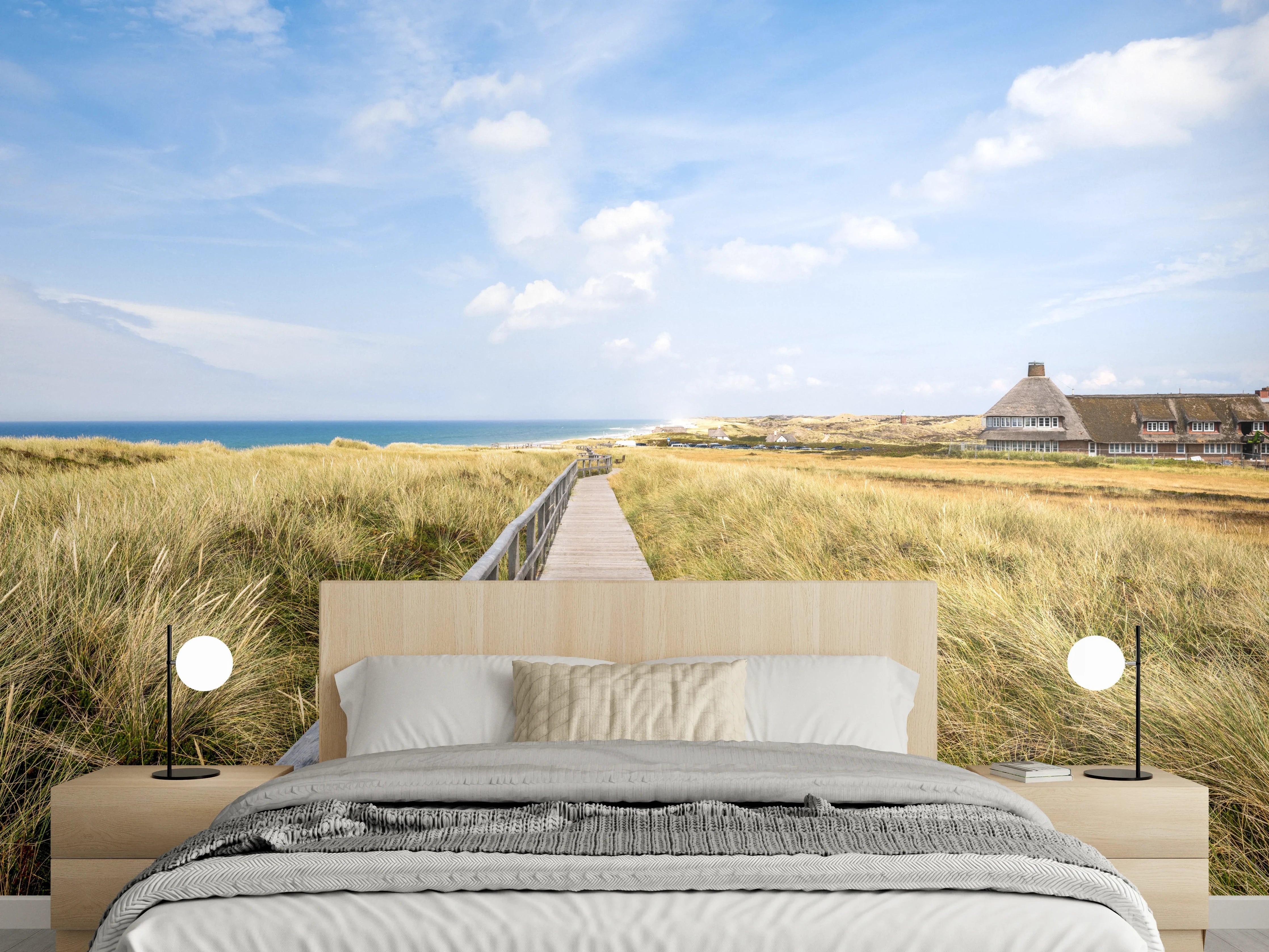 Wandverkleidung Schlafzimmer - Holzsteg durch Dünen zum Meer