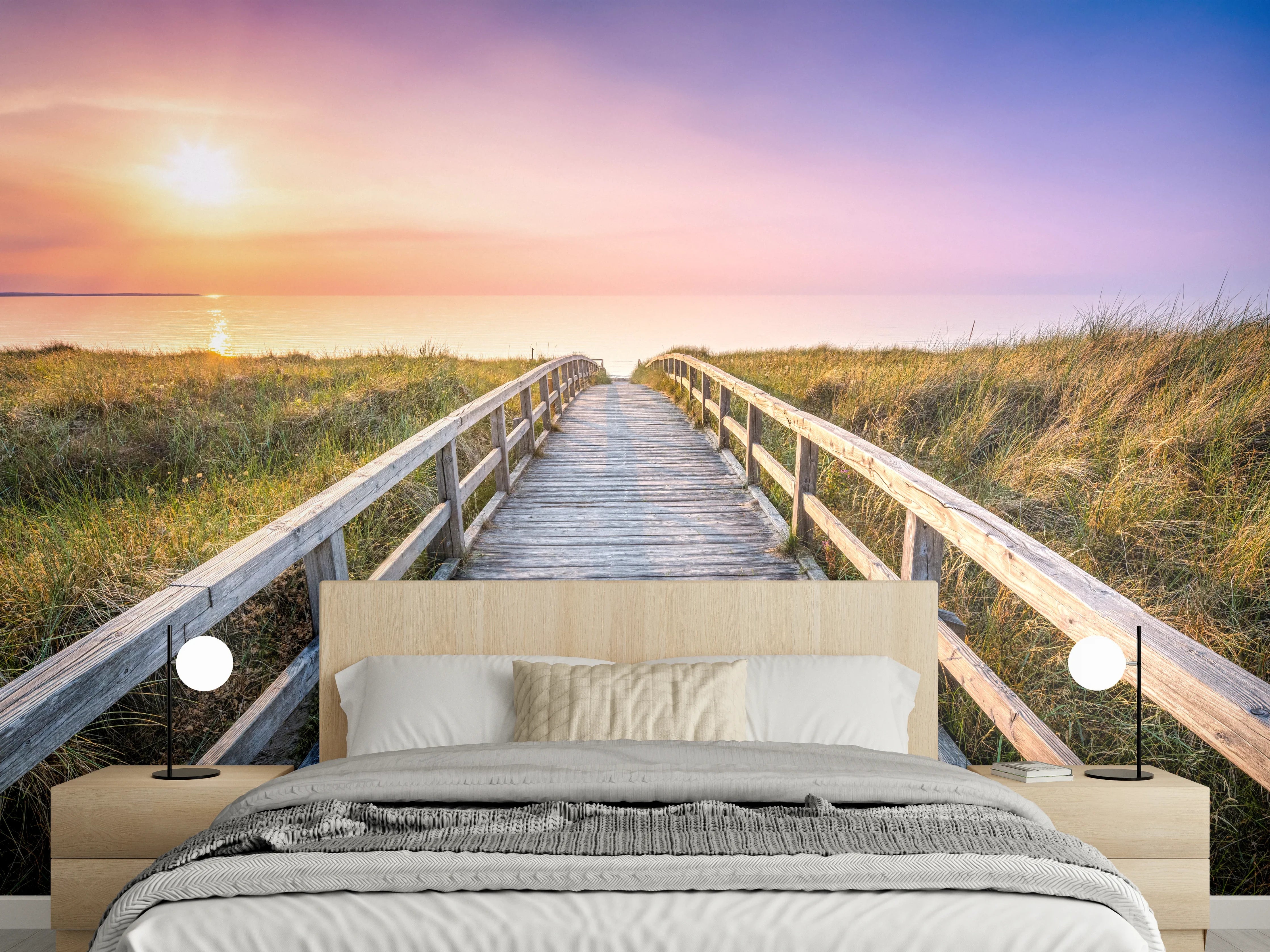 Wandverkleidung Schlafzimmer - Holzsteg zum Meer Sonnenuntergang