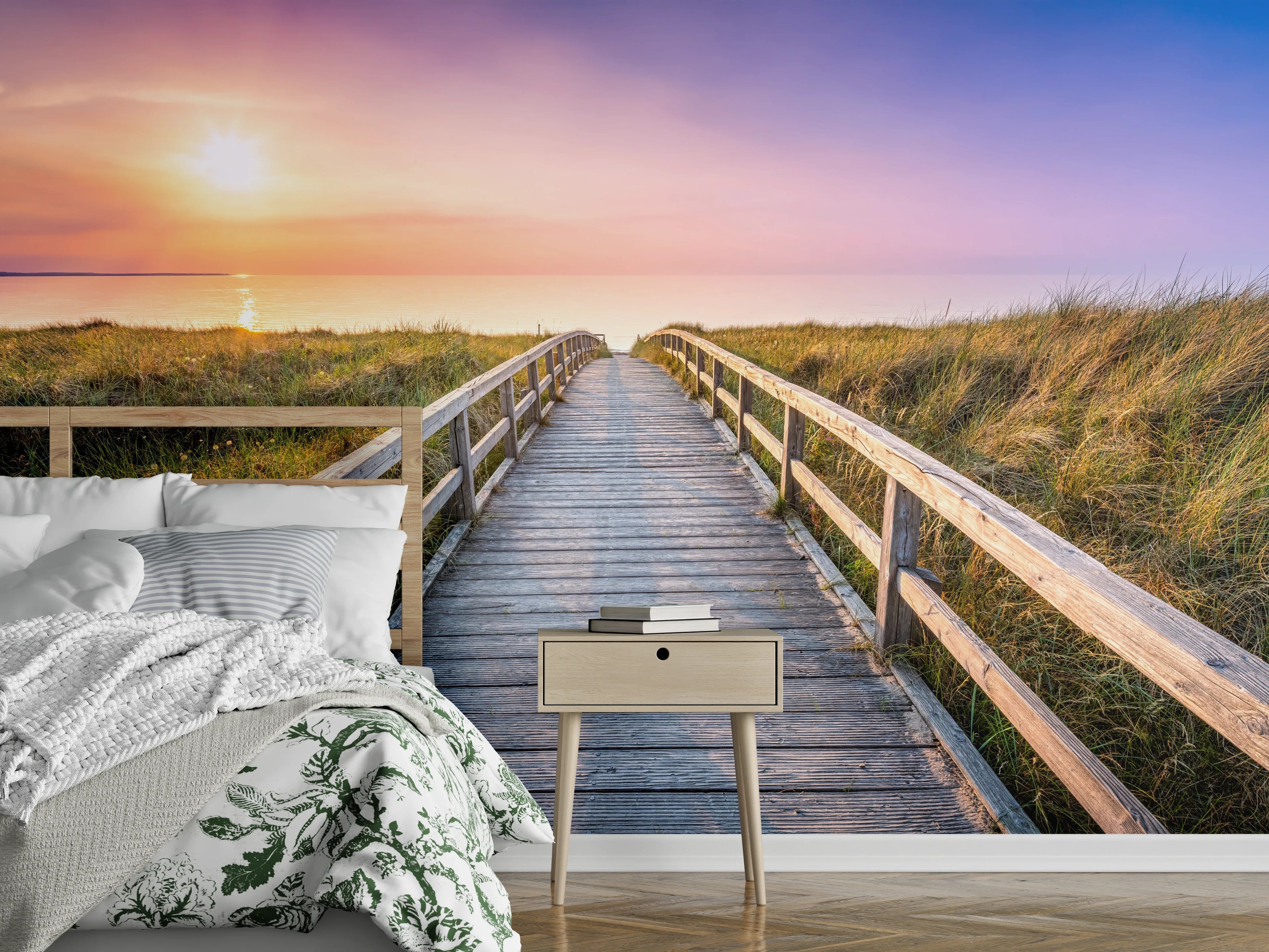 Wandverkleidung Schlafzimmer - Holzsteg zum Meer Sonnenuntergang
