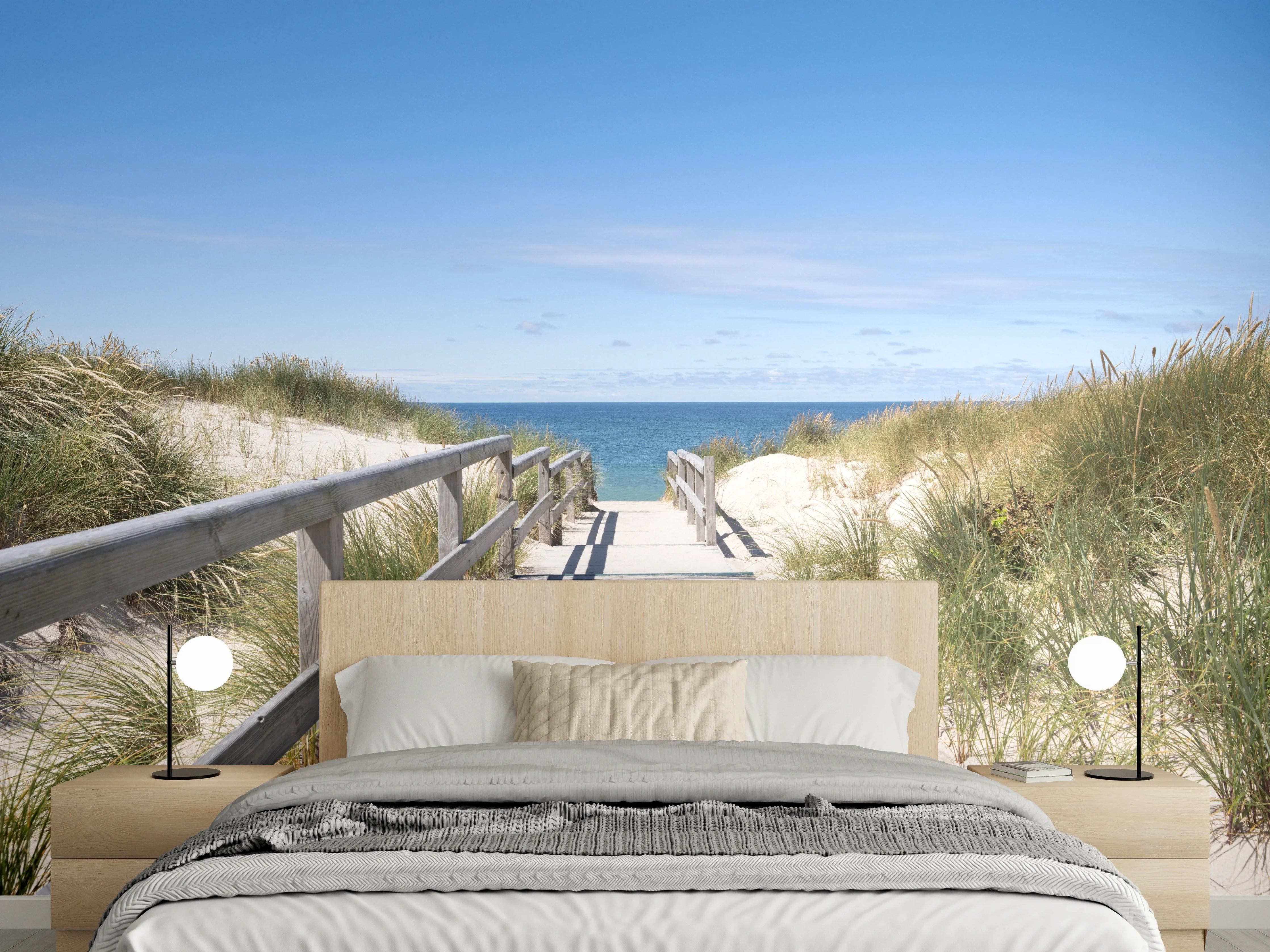 Wandverkleidung Schlafzimmer - Holzsteg zum Strand mit Dünen