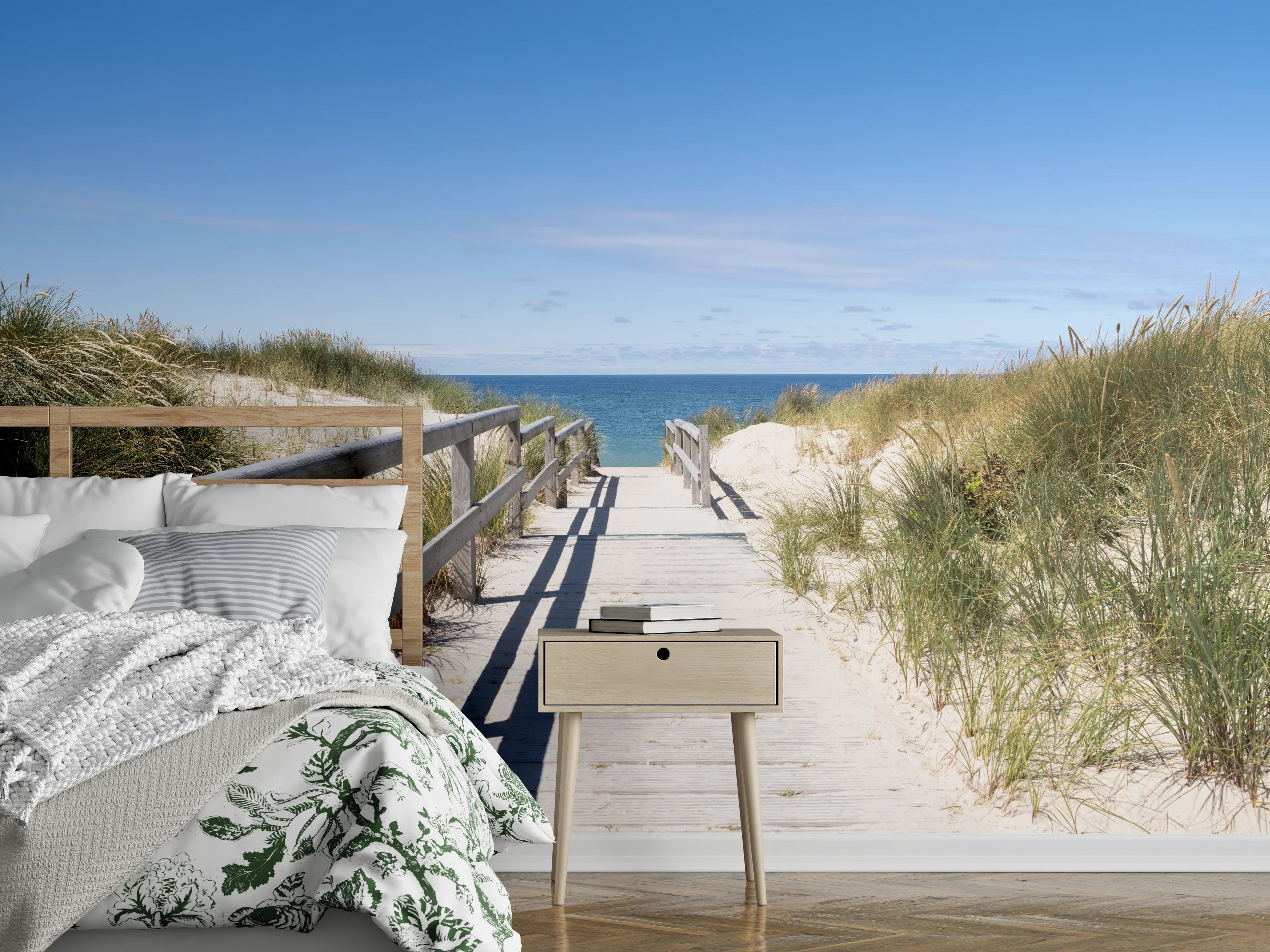 Wandverkleidung Schlafzimmer - Holzsteg zum Strand mit Dünen