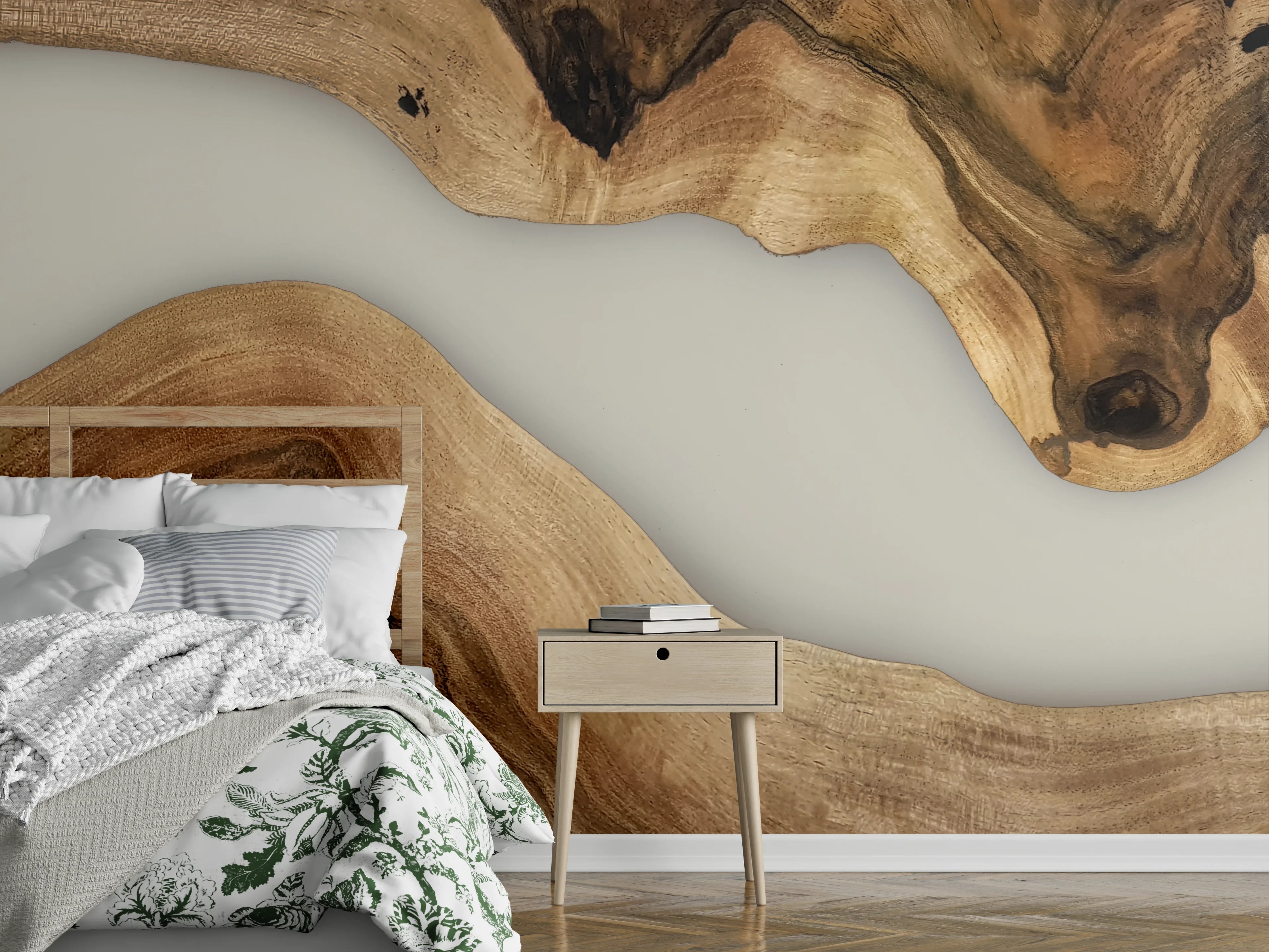 Wandverkleidung Schlafzimmer - Holzstruktur Flusslauf Wandbild