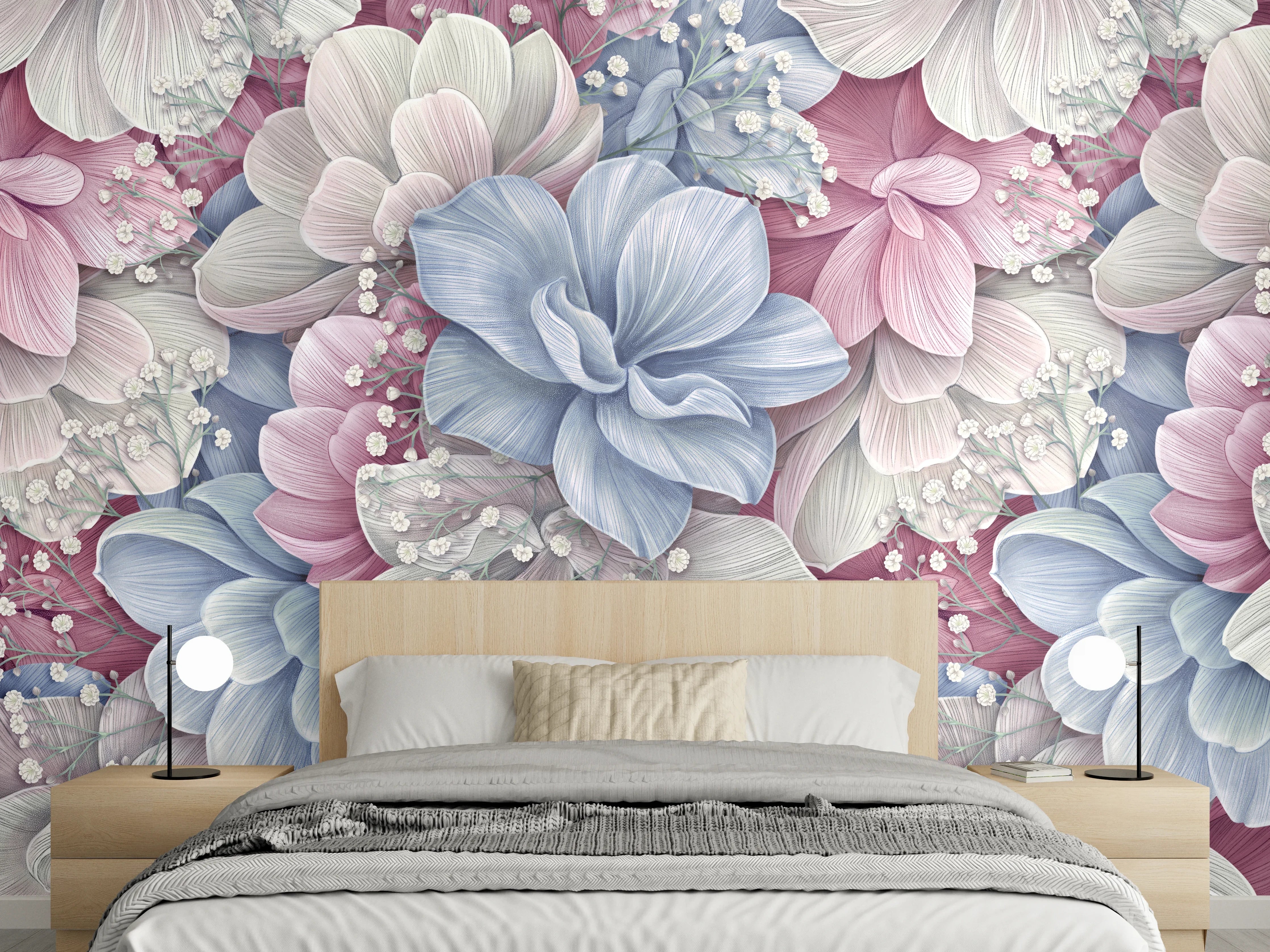 Wandverkleidung Schlafzimmer - Hortensienblüten - Aquarellmalerei