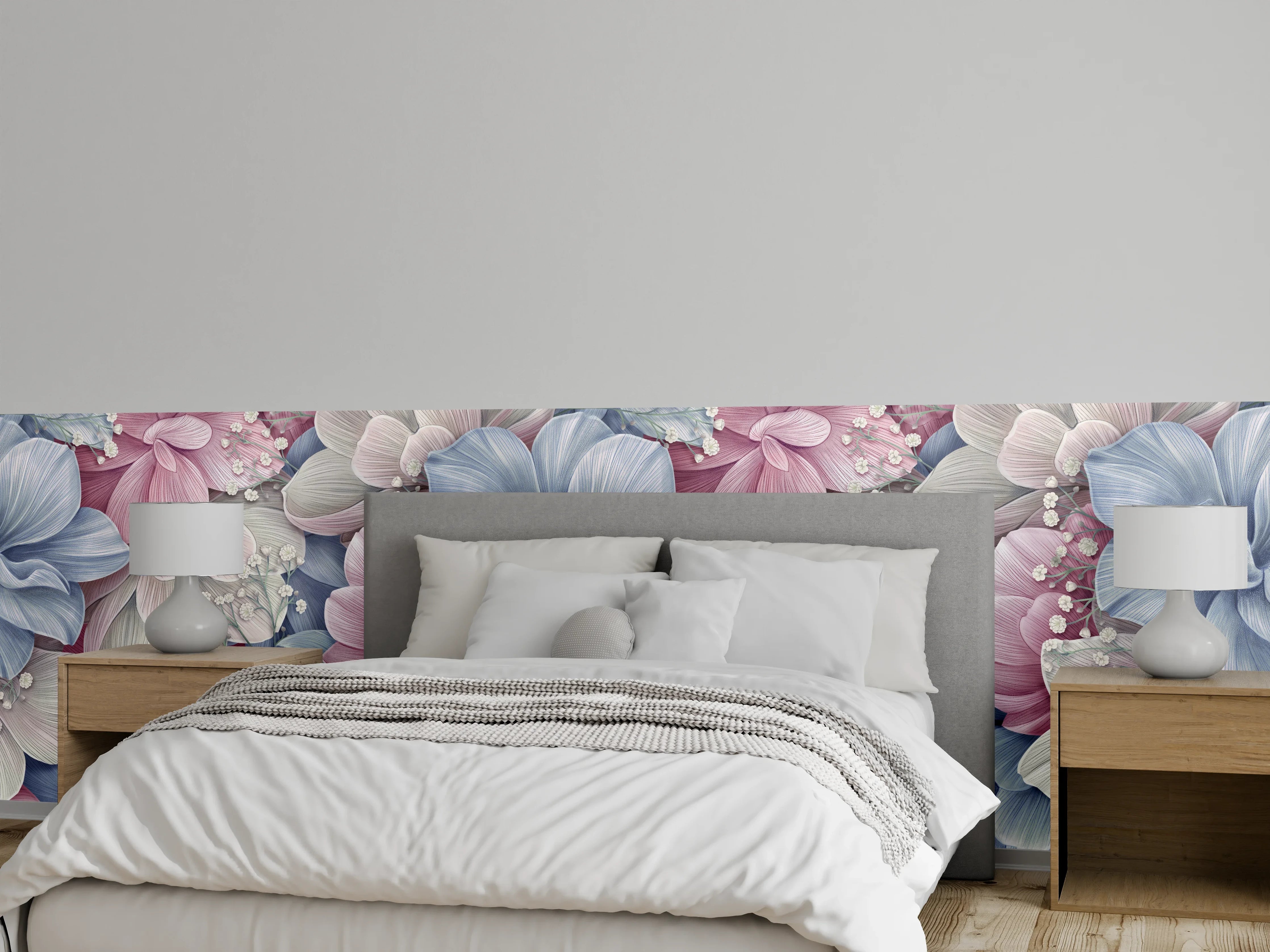 Wandverkleidung Schlafzimmer - Hortensienblüten - Aquarellmalerei