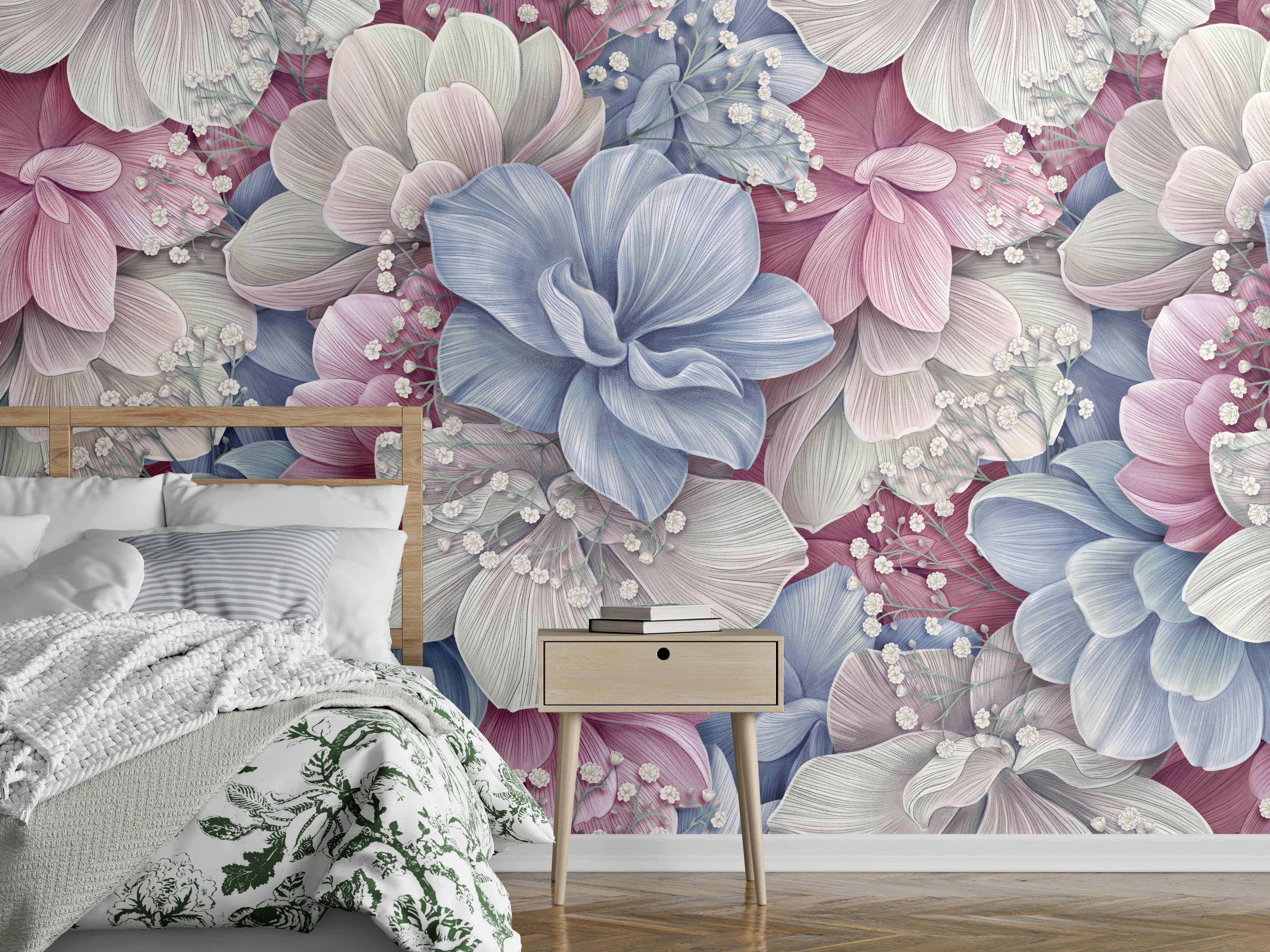 Wandverkleidung Schlafzimmer - Hortensienblüten - Aquarellmalerei