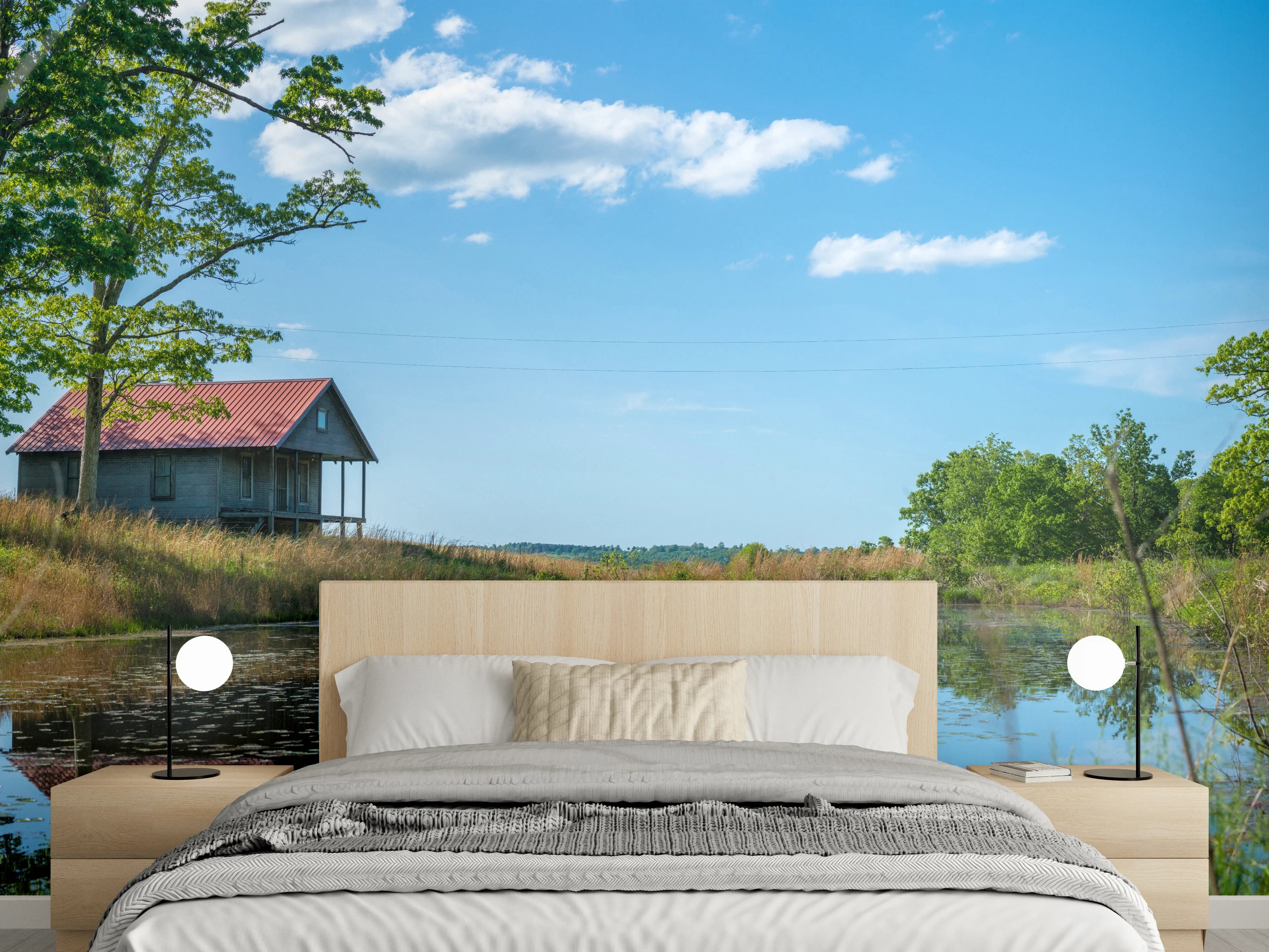 Wandverkleidung Schlafzimmer - Idyllische Landschaft mit See und Haus
