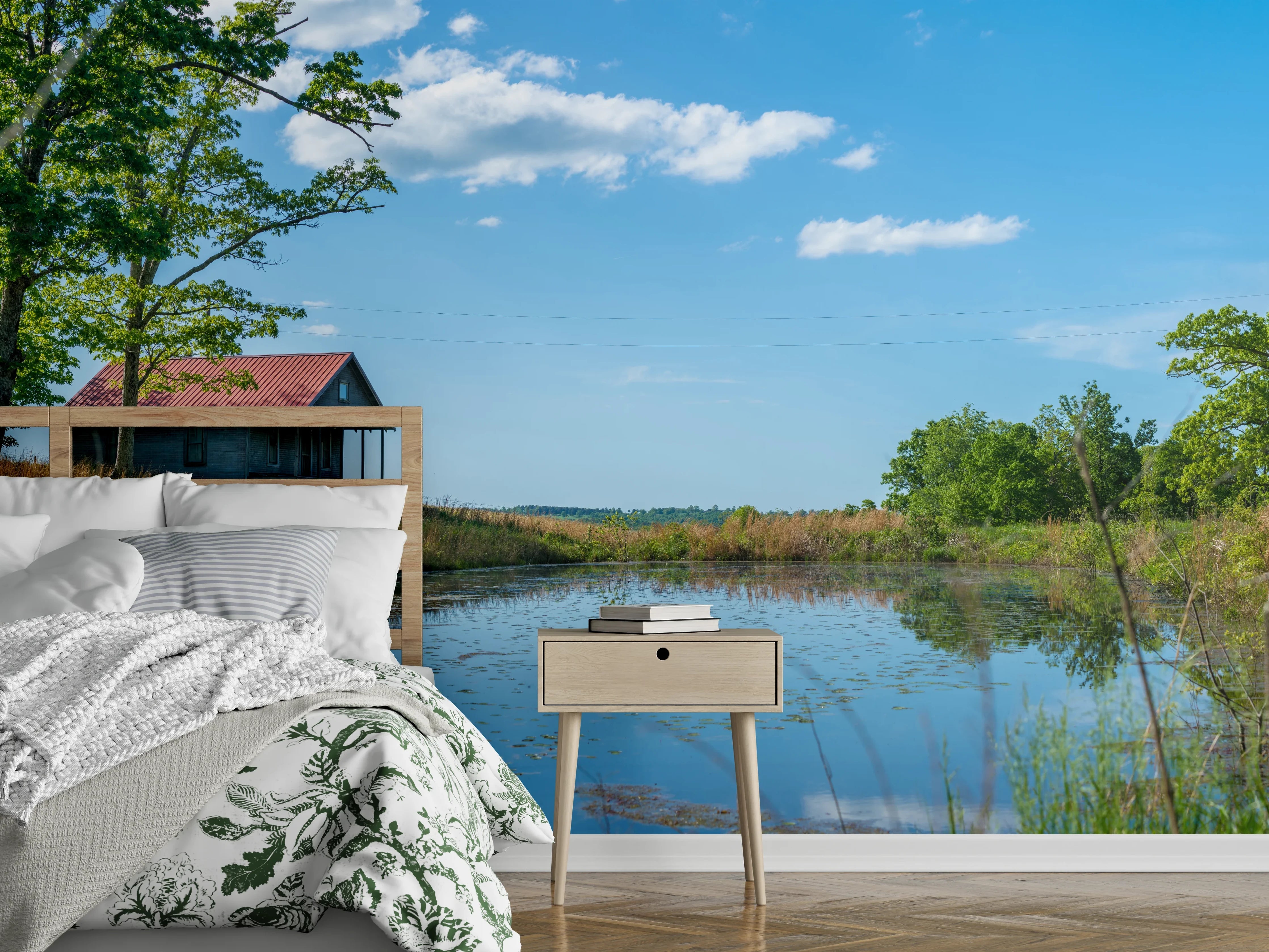 Wandverkleidung Schlafzimmer - Idyllische Landschaft mit See und Haus