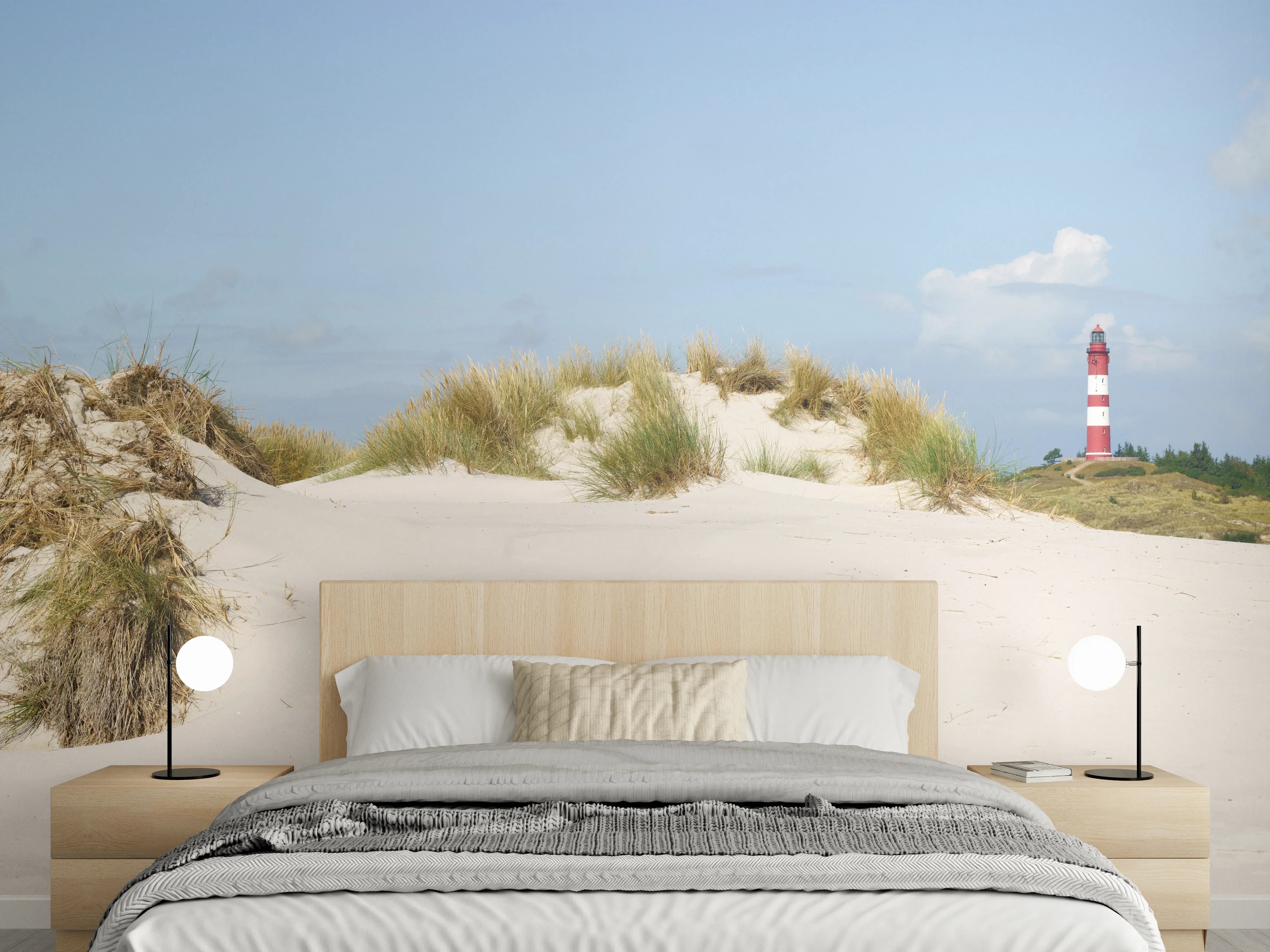 Wandverkleidung Schlafzimmer - Idyllische Strandlandschaft mit Leuchtturm
