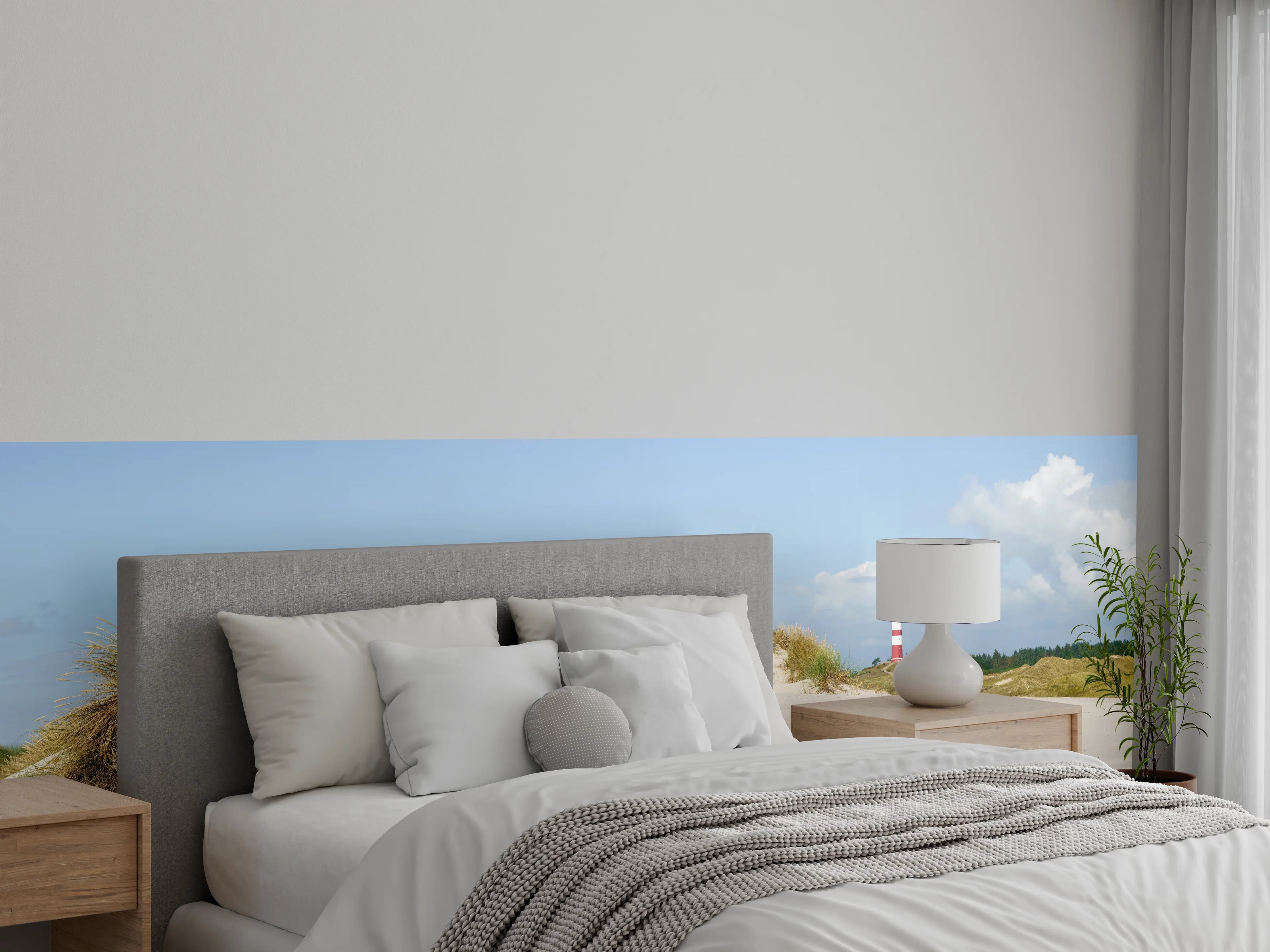 Wandverkleidung Schlafzimmer - Idyllische Strandlandschaft mit Leuchtturm