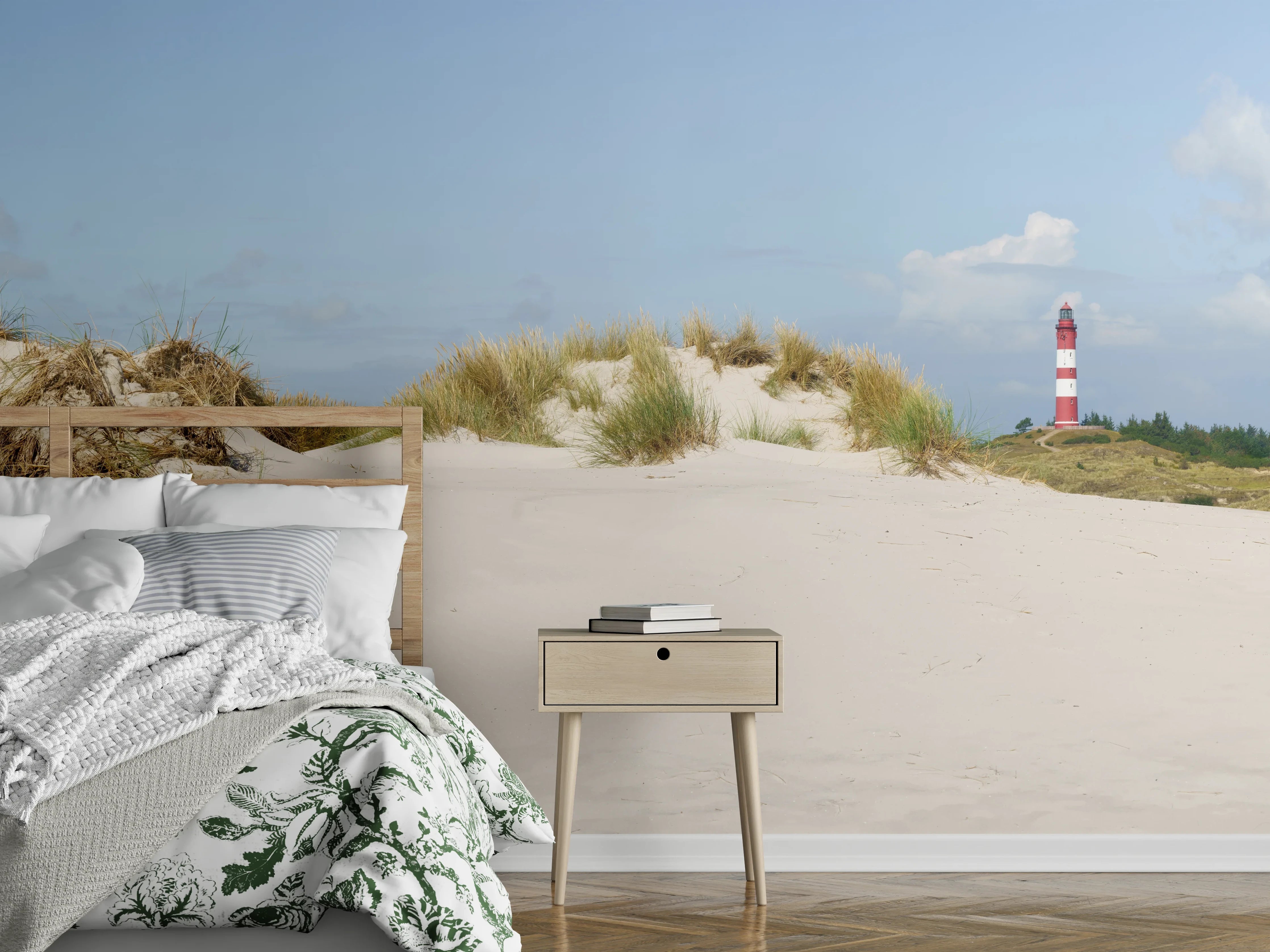 Wandverkleidung Schlafzimmer - Idyllische Strandlandschaft mit Leuchtturm