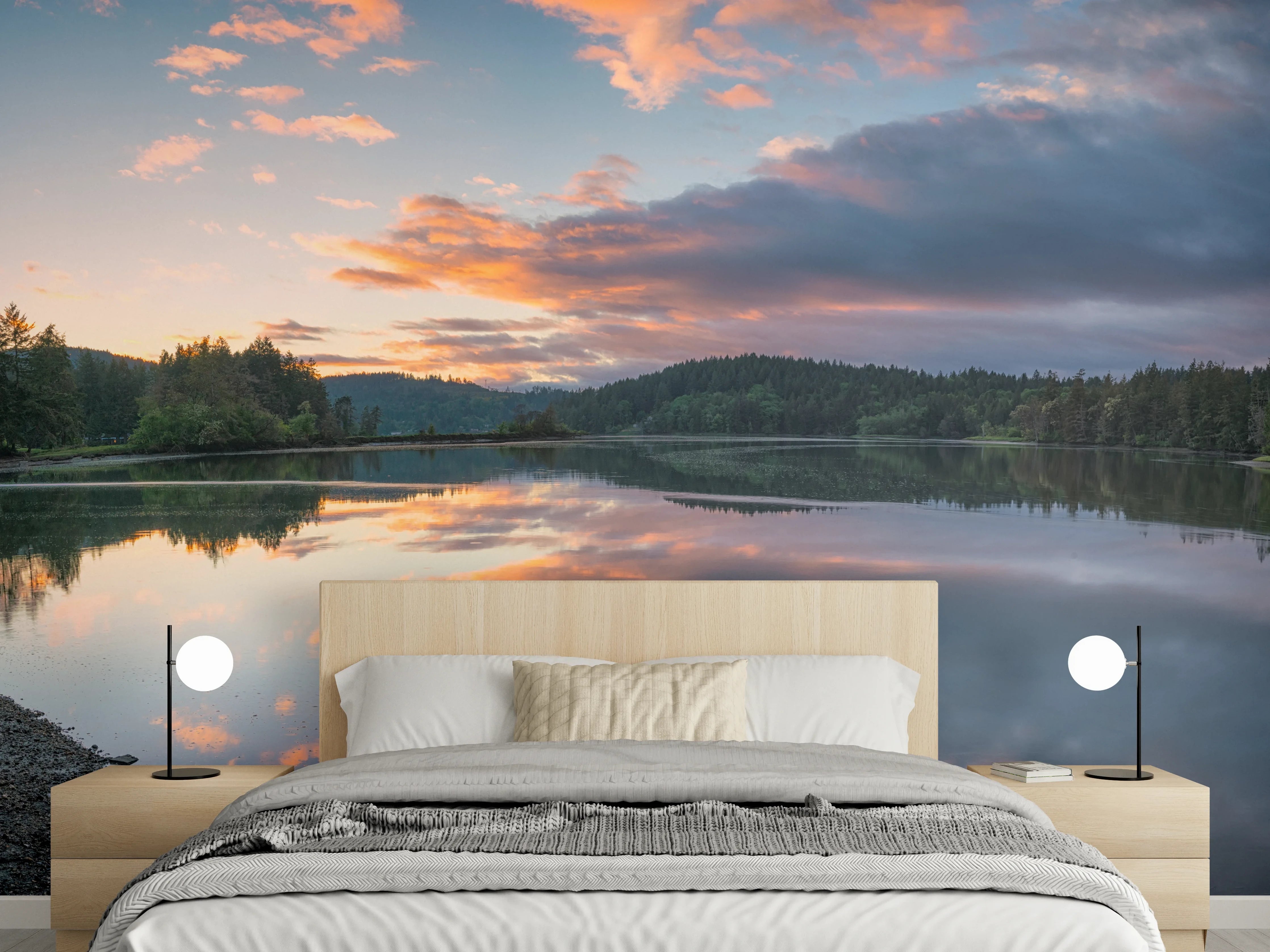 Wandverkleidung Schlafzimmer - Idyllischer See bei Sonnenuntergang