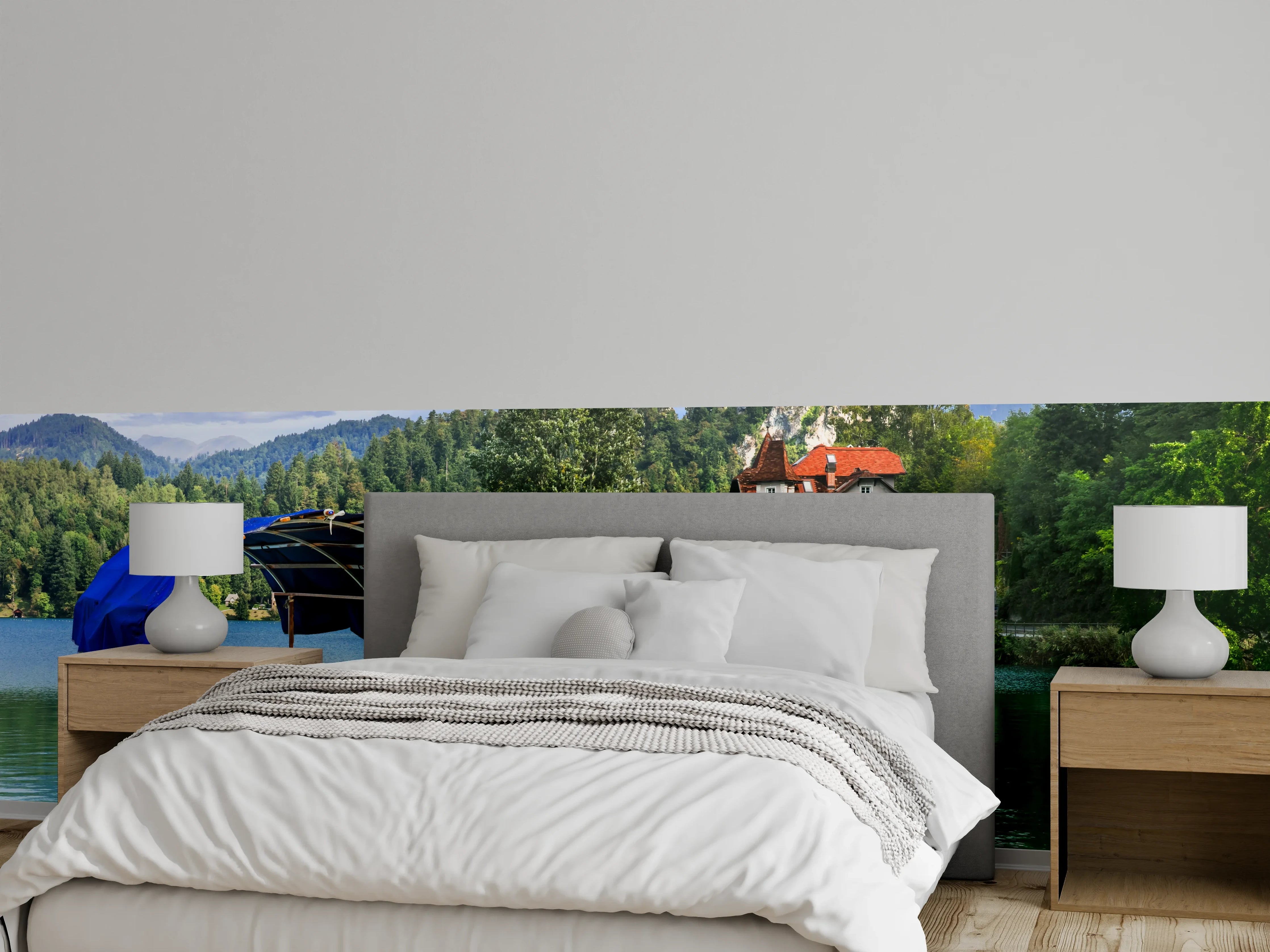 Wandverkleidung Schlafzimmer - Idyllischer See mit historischer Villa