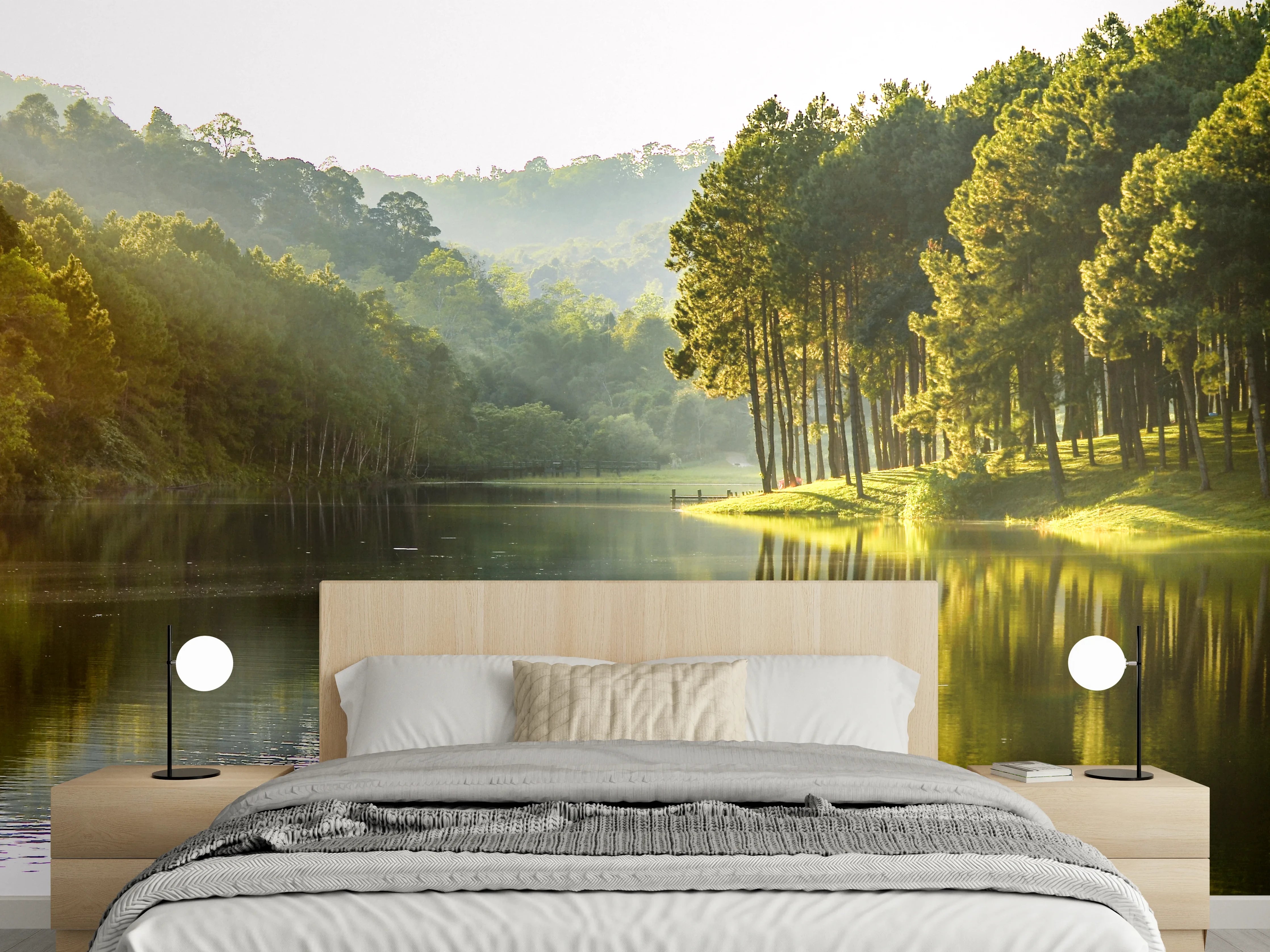 Wandverkleidung Schlafzimmer - Idyllischer Waldsee am Morgen