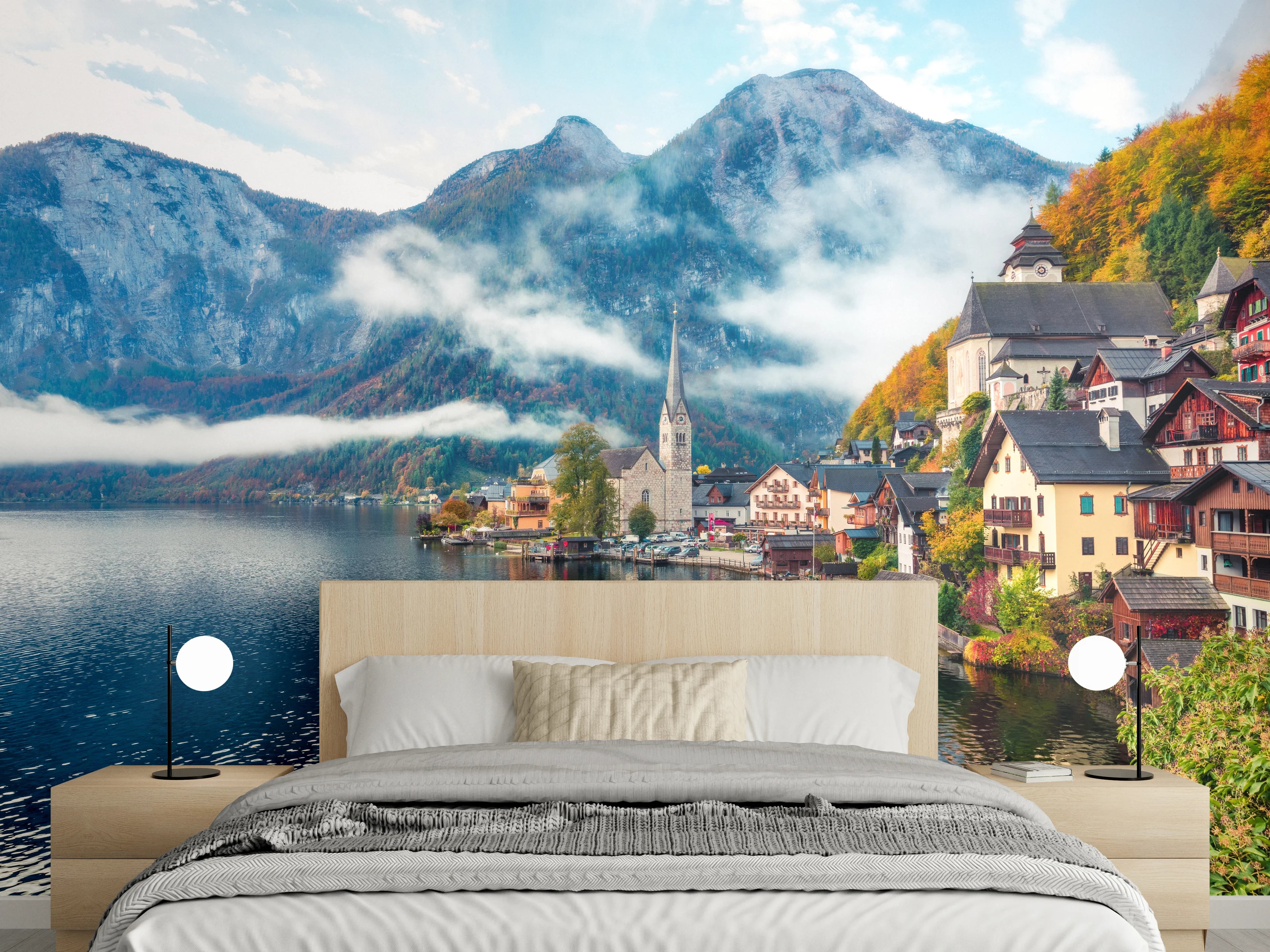 Wandverkleidung Schlafzimmer - Idyllisches Dorf am Alpensee