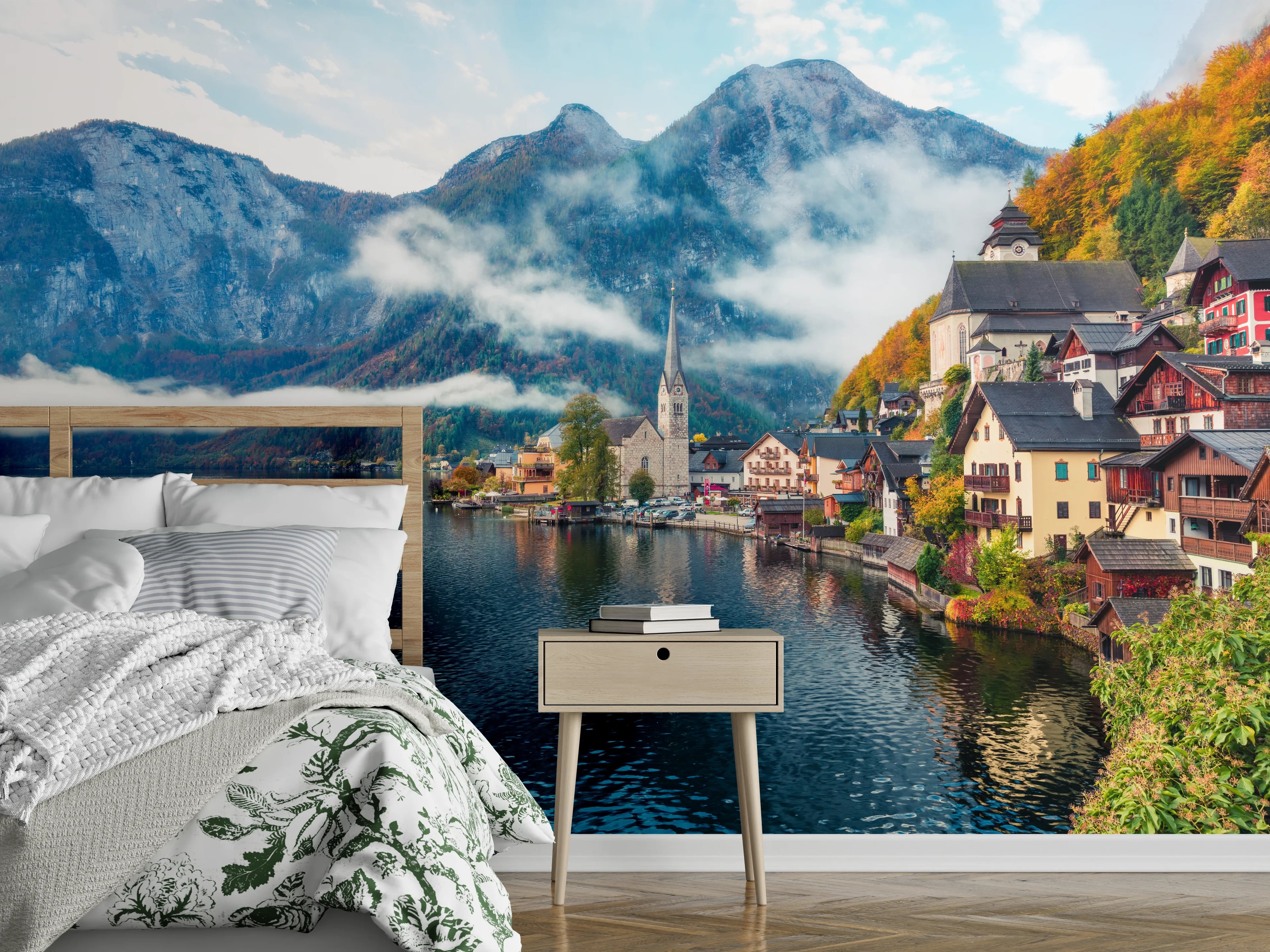 Wandverkleidung Schlafzimmer - Idyllisches Dorf am Alpensee