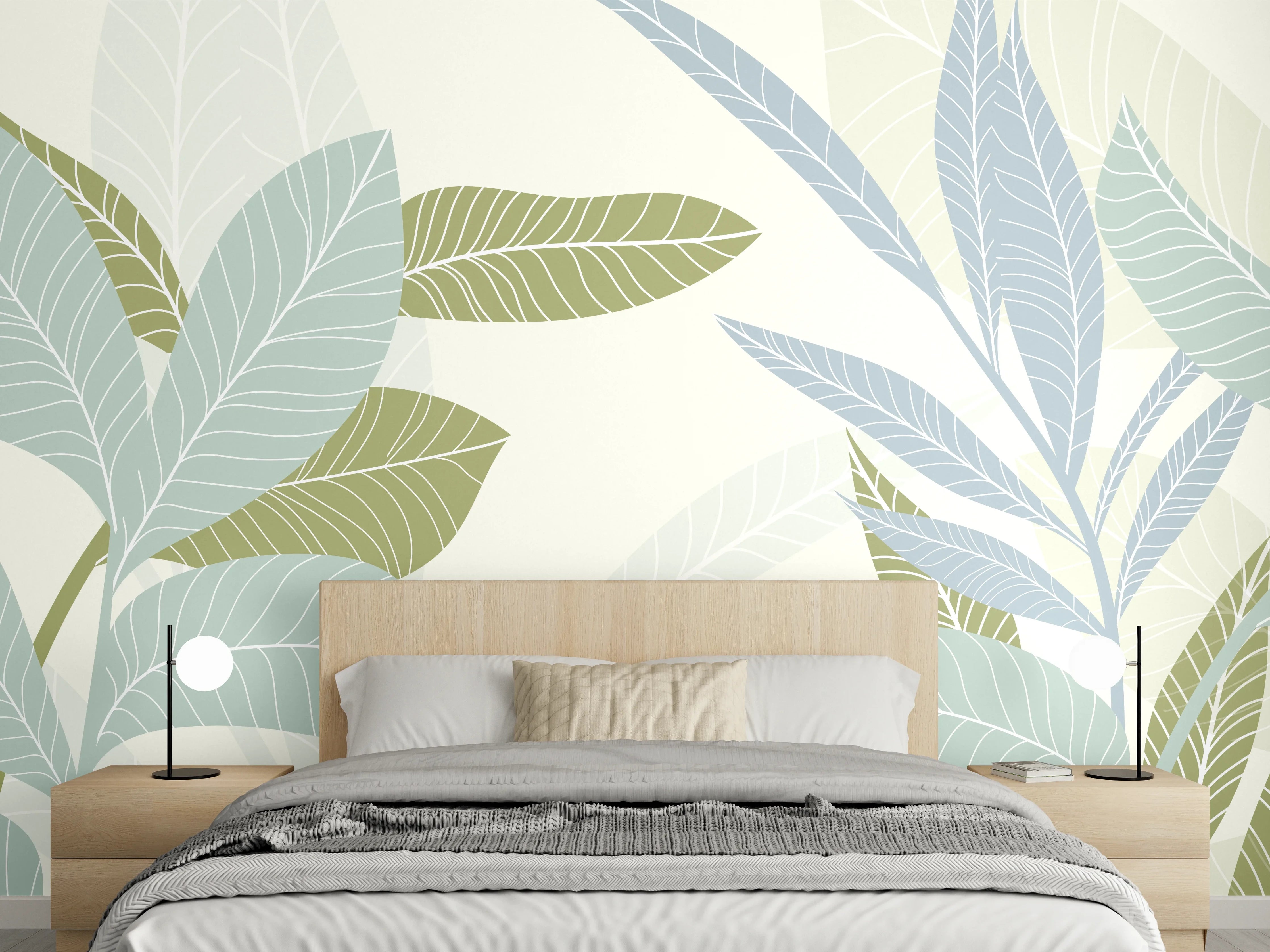 Wandverkleidung Schlafzimmer - Illustrierte Blättermotiv Tapete