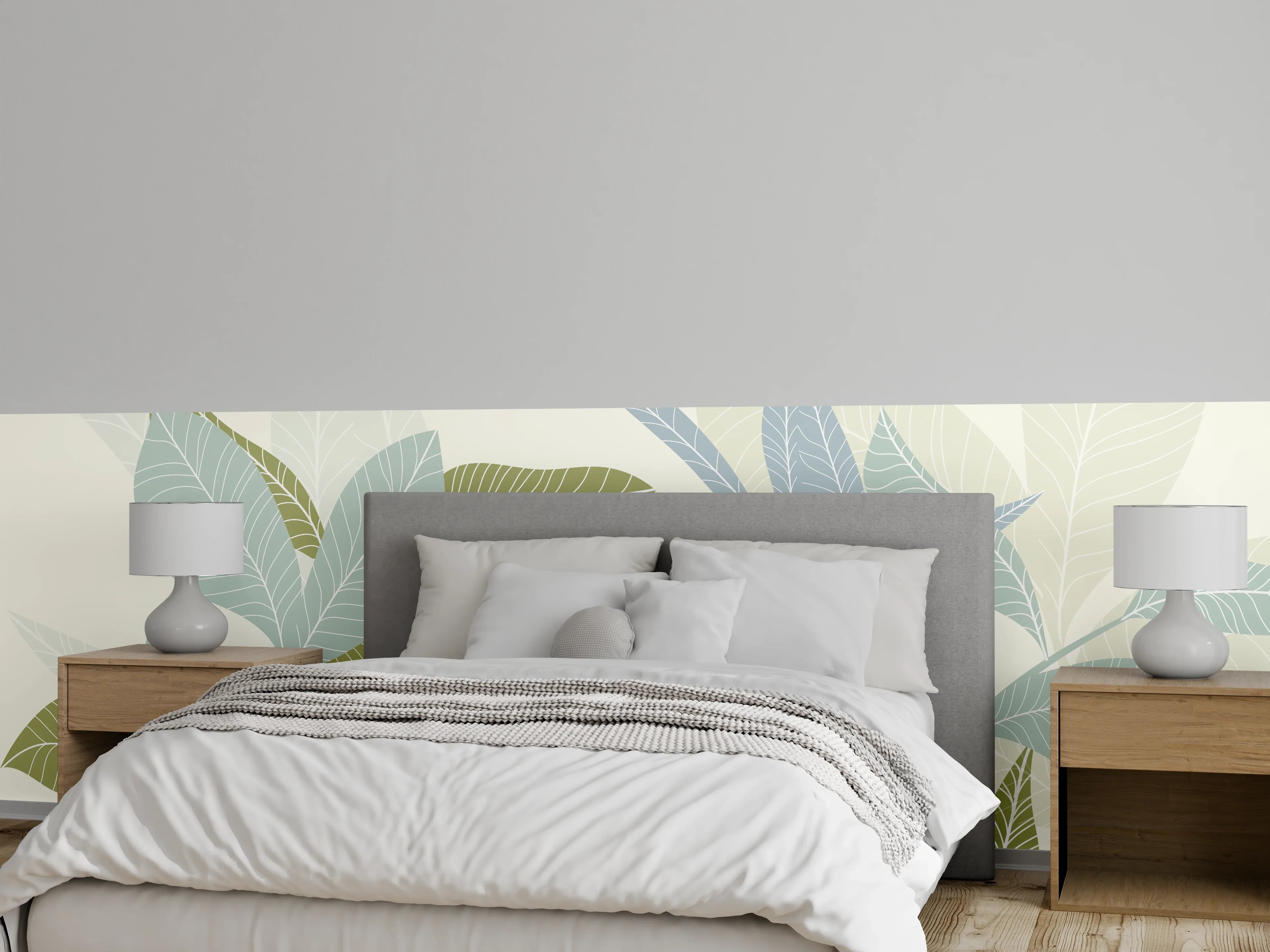 Wandverkleidung Schlafzimmer - Illustrierte Blättermotiv Tapete