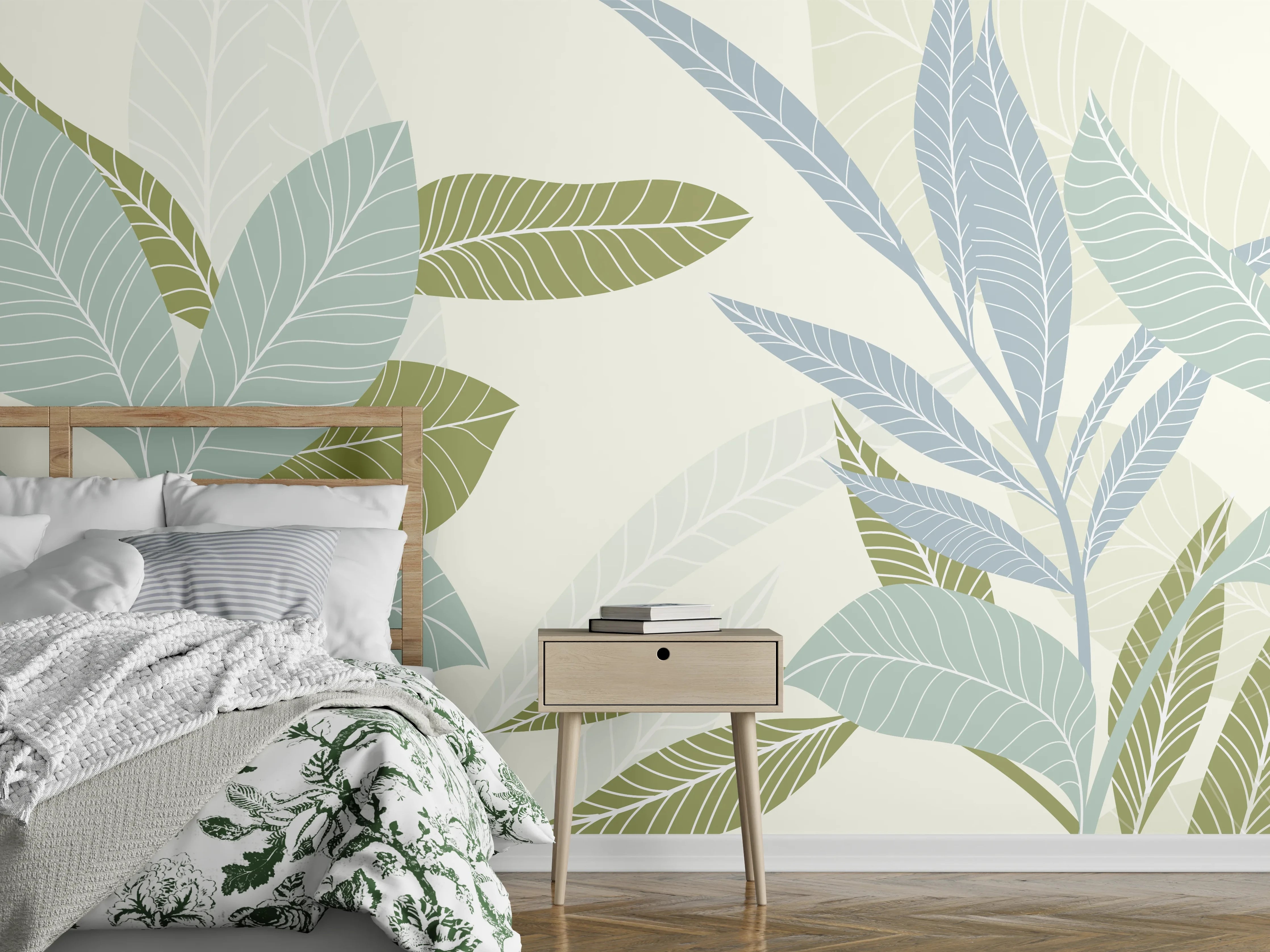 Wandverkleidung Schlafzimmer - Illustrierte Blättermotiv Tapete