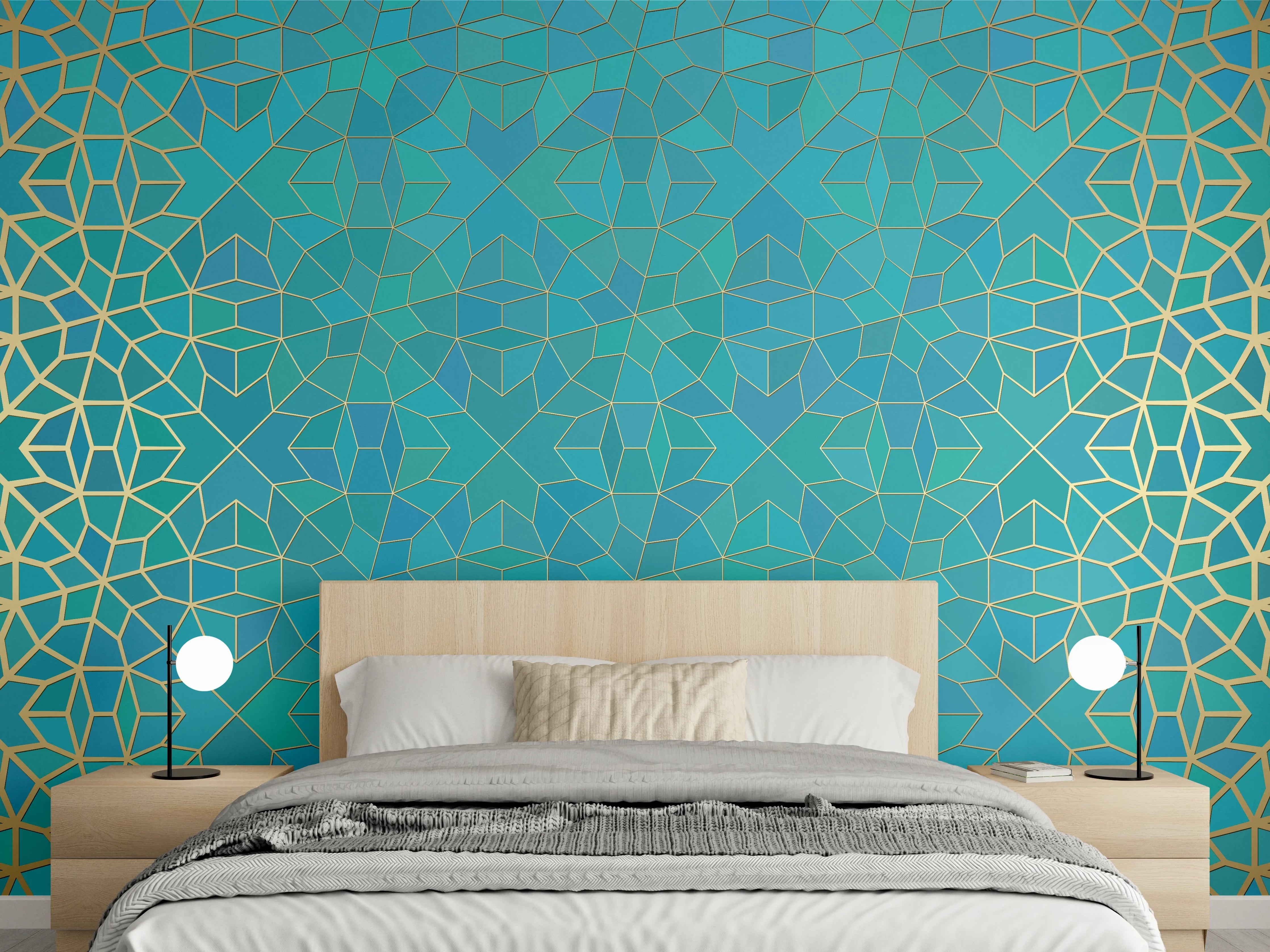 Wandverkleidung Schlafzimmer - Islamische Muster Blauverlauf