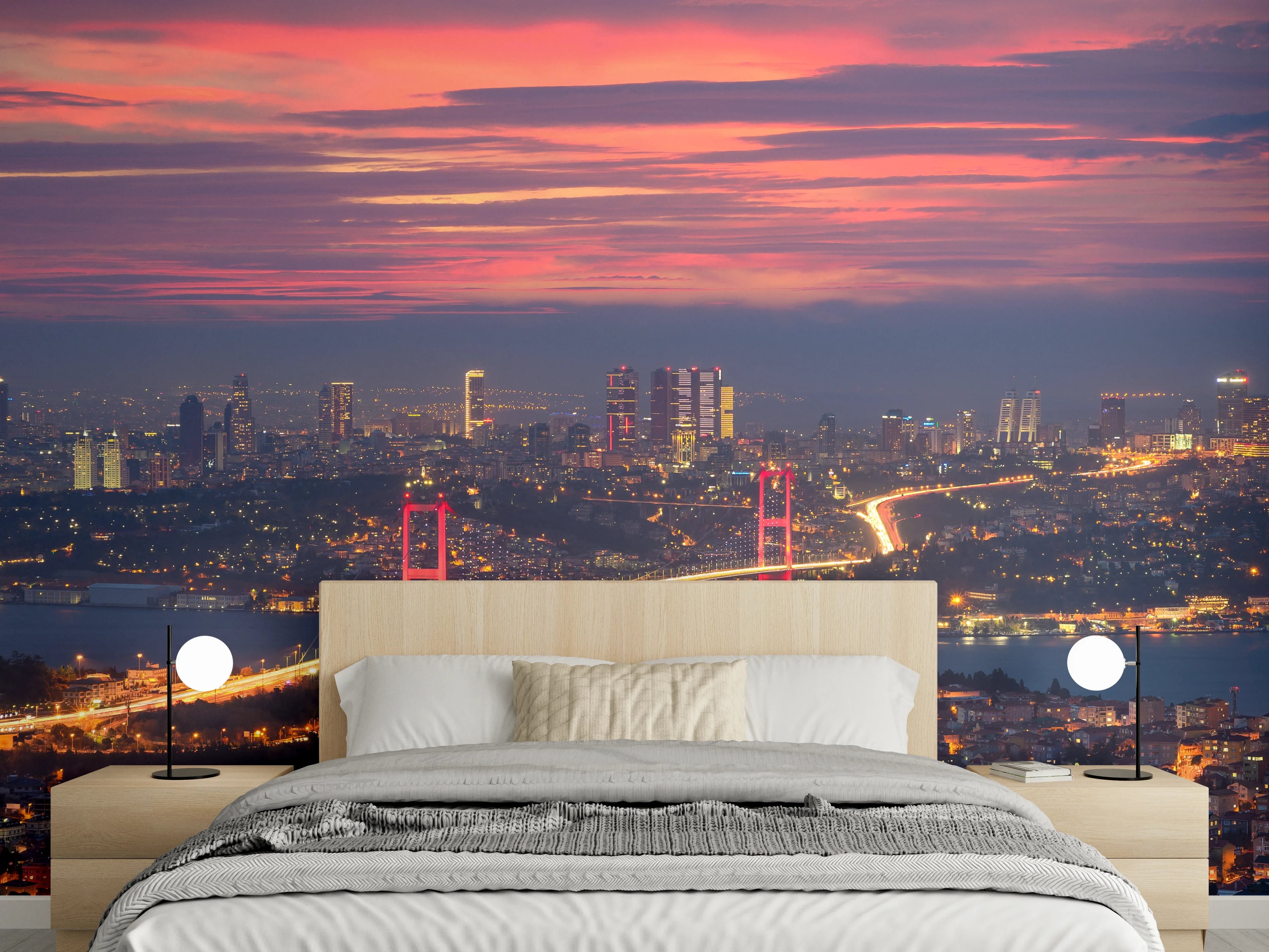 Wandverkleidung Schlafzimmer - Istanbul Skyline bei Sonnenuntergang Panorama