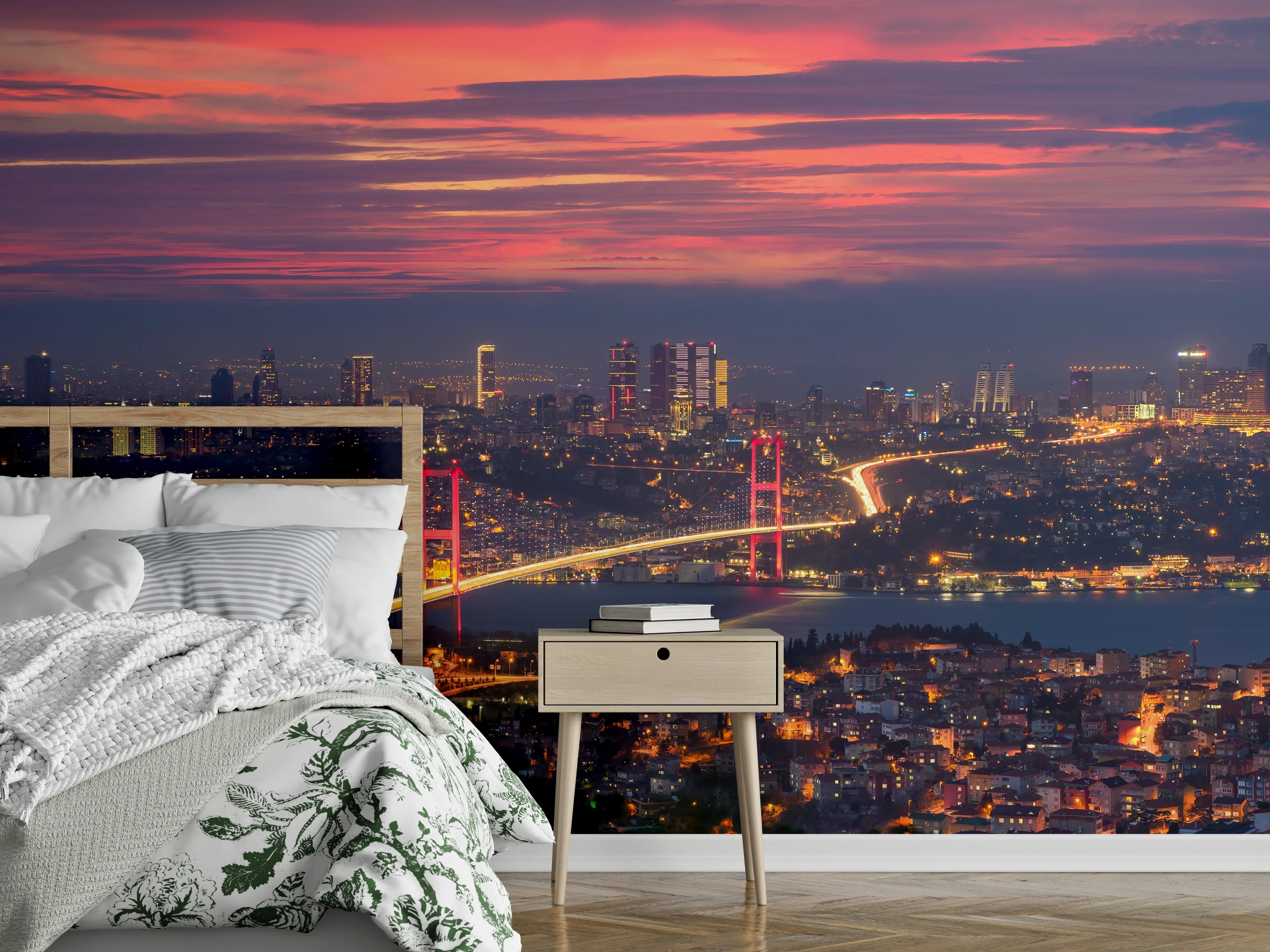 Wandverkleidung Schlafzimmer - Istanbul Skyline bei Sonnenuntergang Panorama