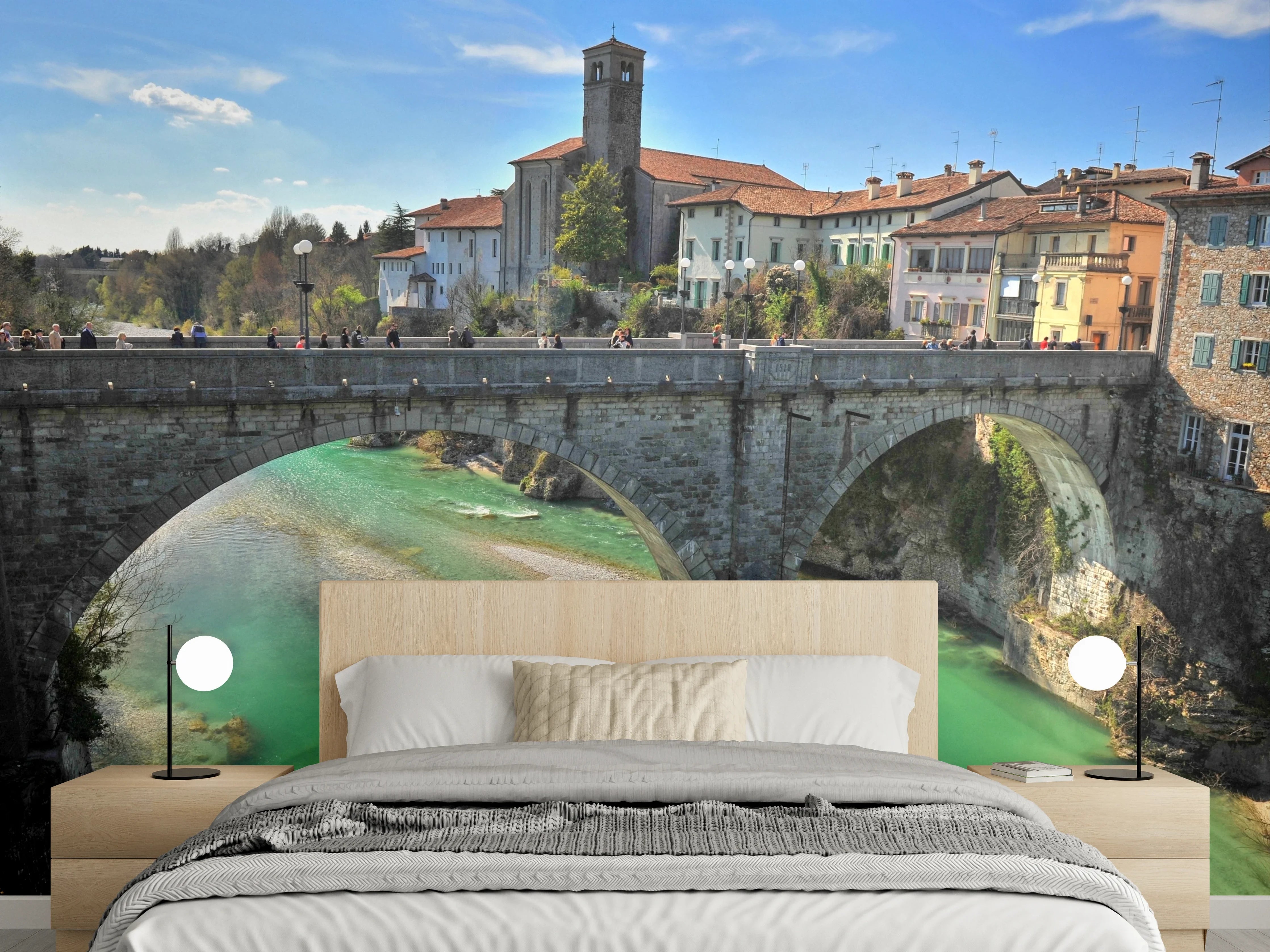 Wandverkleidung Schlafzimmer - Italienische Brücke mit türkisgrünem Fluss