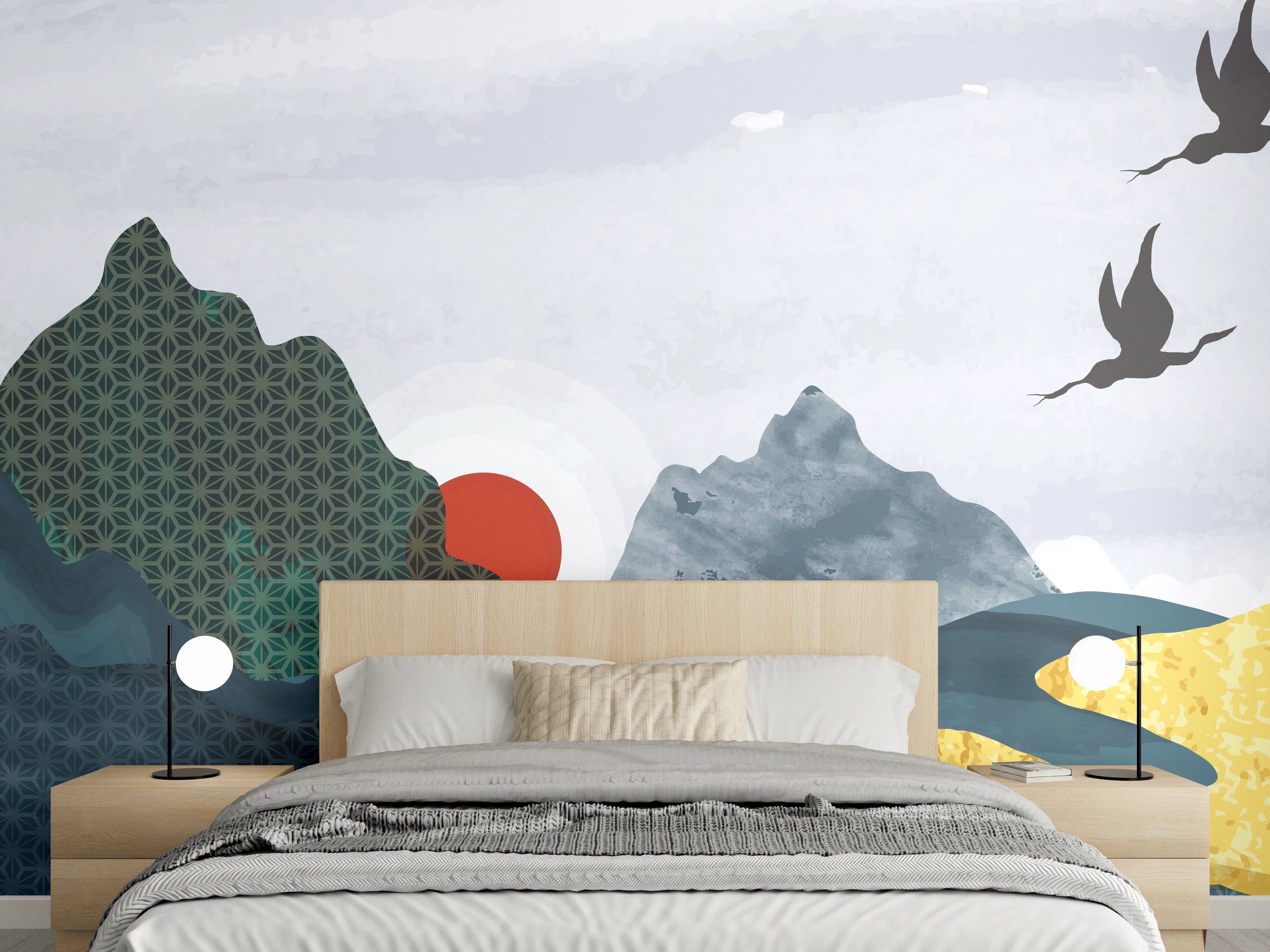 Wandverkleidung Schlafzimmer - Japanische Aquarell Landschaft mit Kranichen