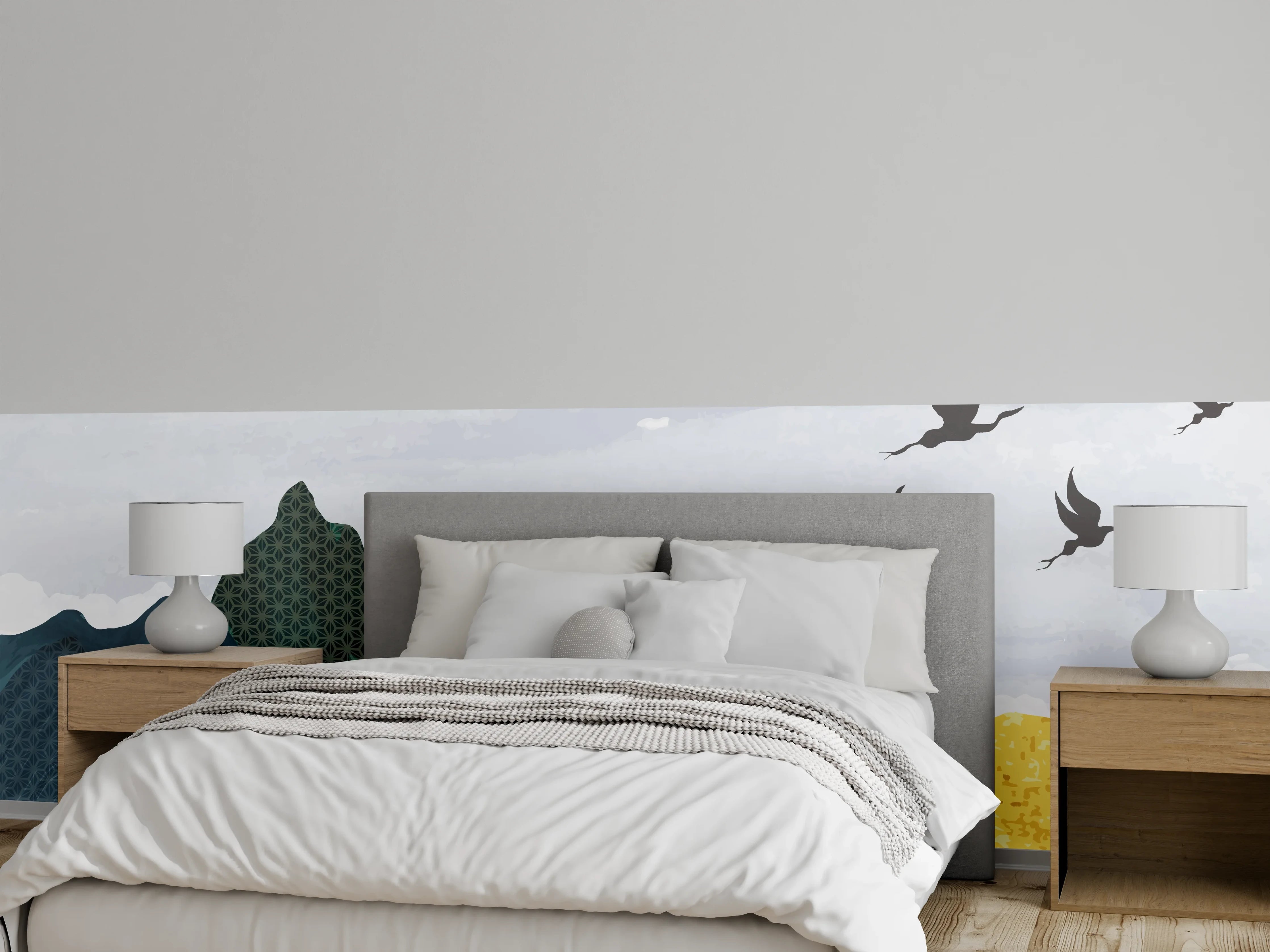 Wandverkleidung Schlafzimmer - Japanische Aquarell Landschaft mit Kranichen