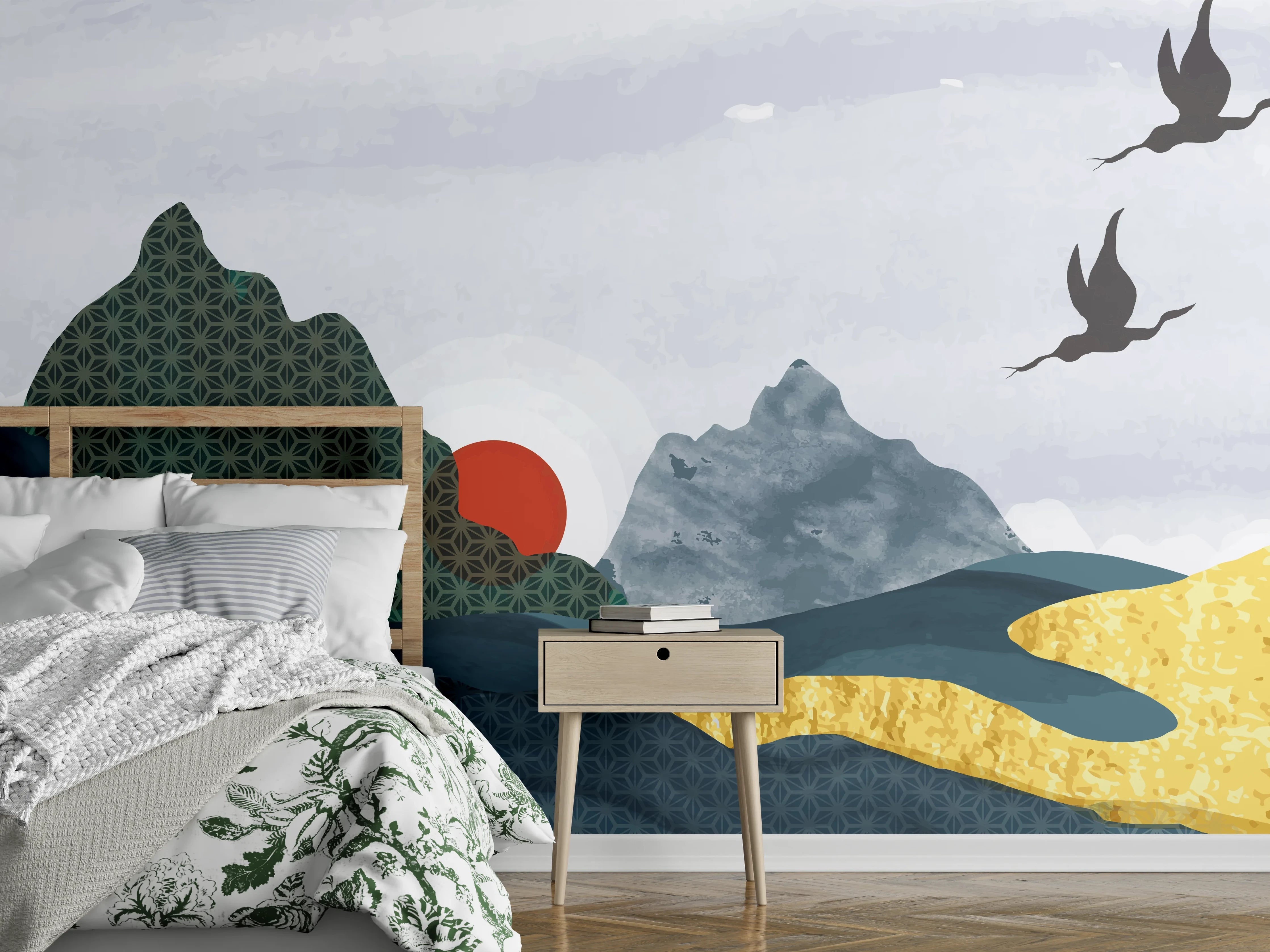 Wandverkleidung Schlafzimmer - Japanische Aquarell Landschaft mit Kranichen