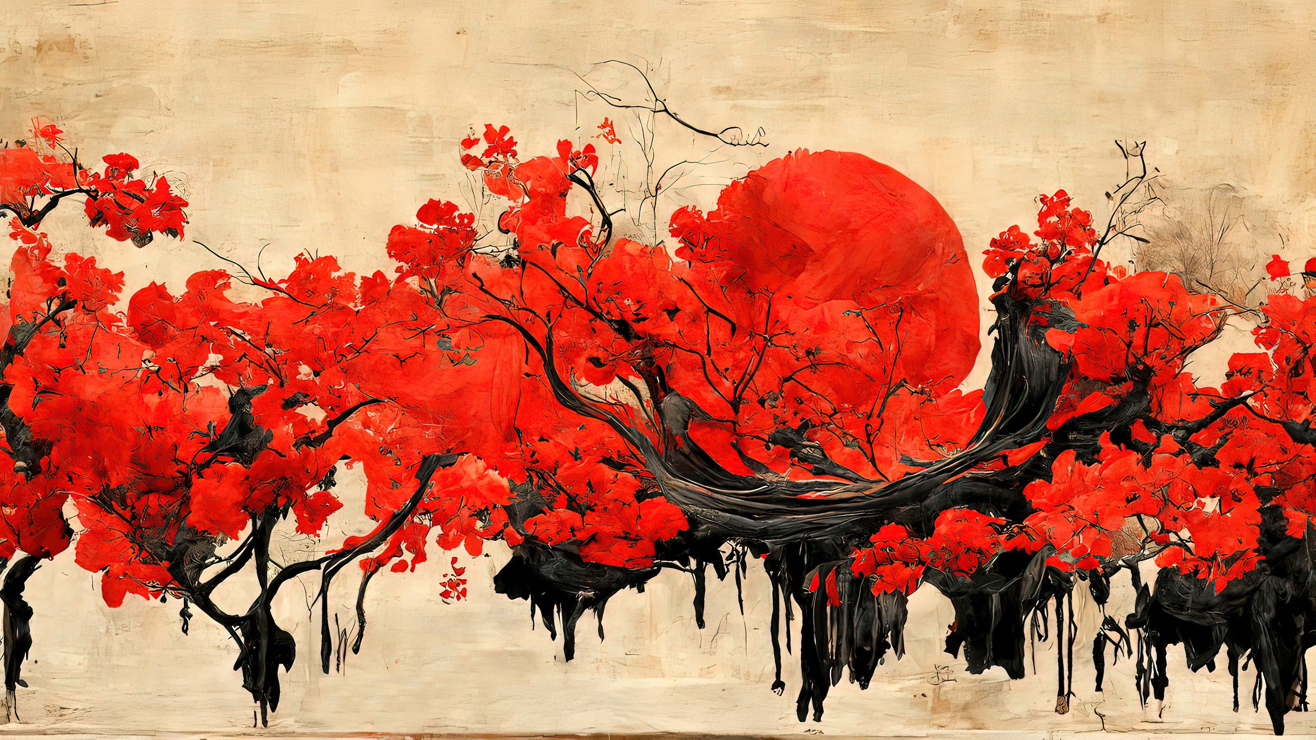 Wandverkleidung Schlafzimmer-Japanische Kirschblüten Kunst mit roter Sonne
