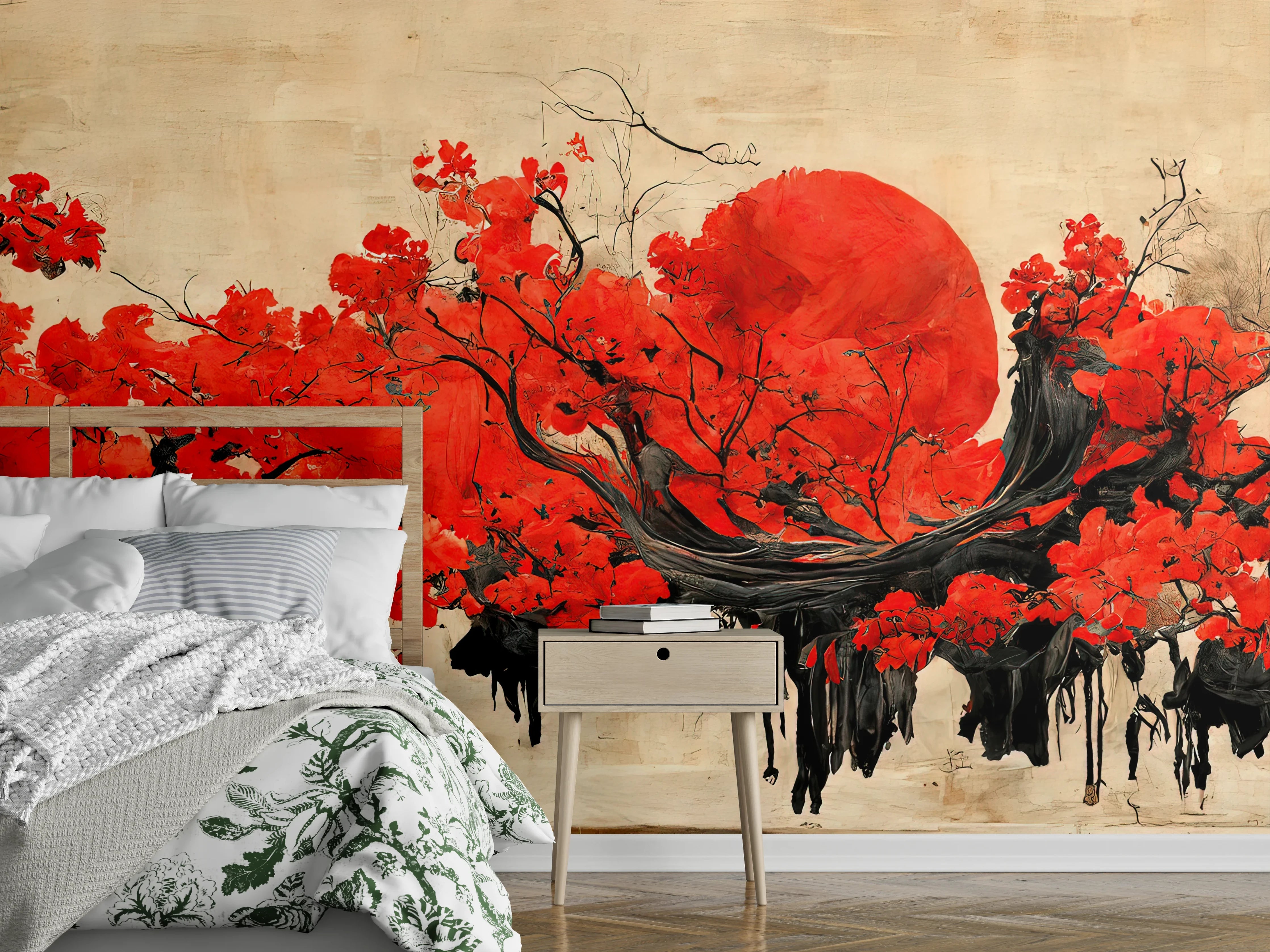 Wandverkleidung Schlafzimmer - Japanische Kirschblüten Kunst mit roter Sonne