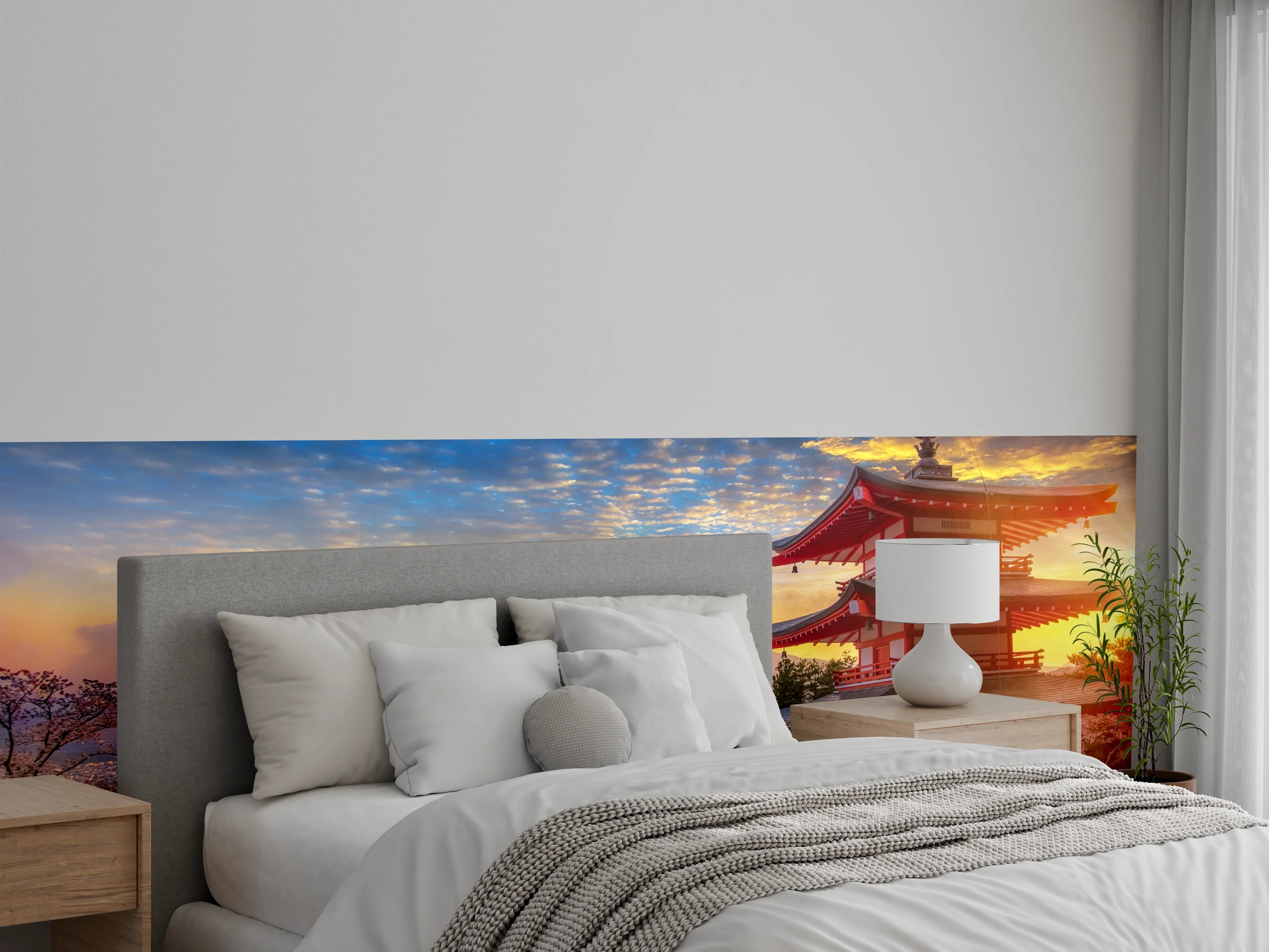 Wandverkleidung Schlafzimmer - Japanische Pagode mit Fuji bei Sonnenuntergang