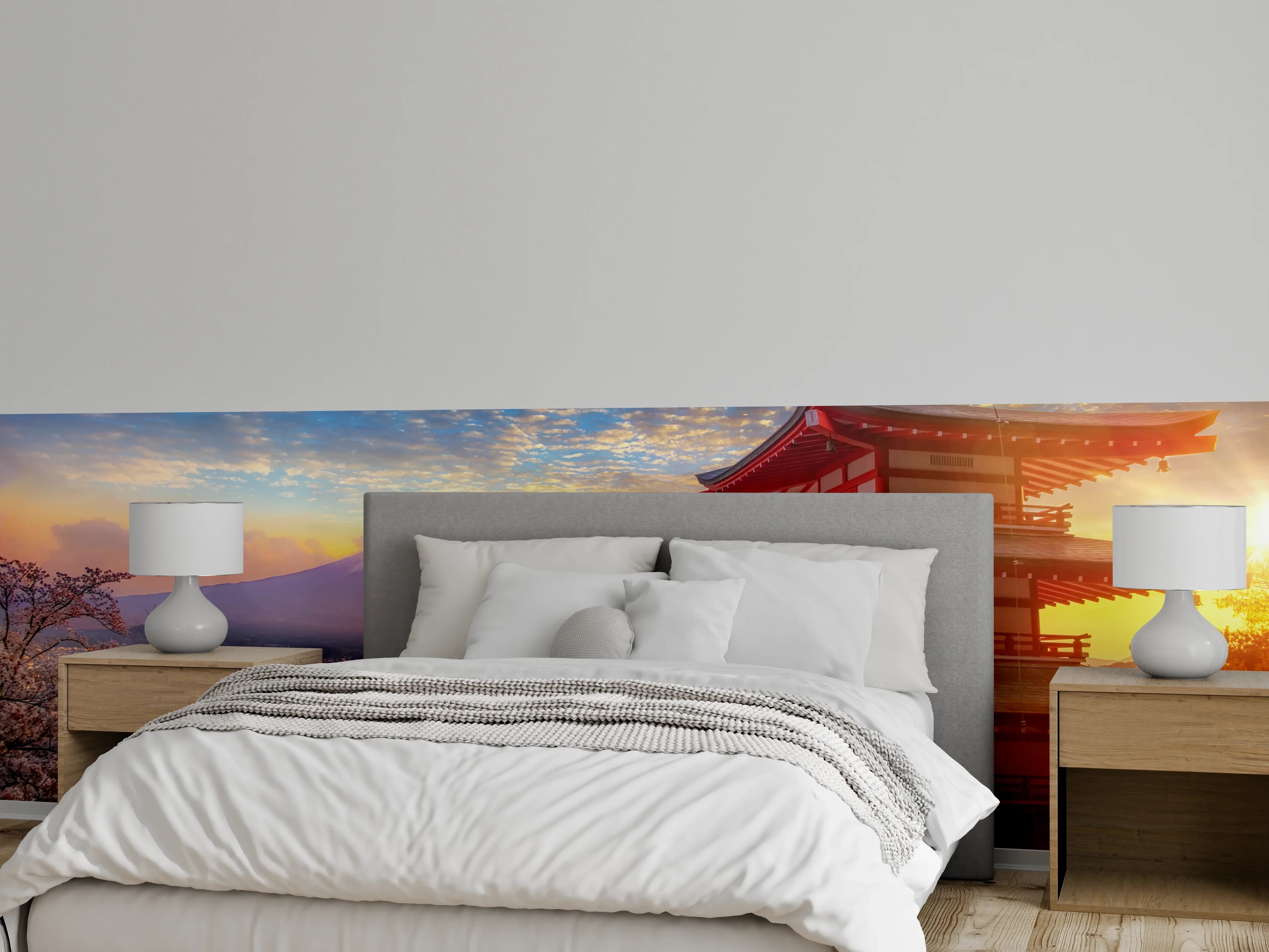 Wandverkleidung Schlafzimmer - Japanische Pagode mit Fuji bei Sonnenuntergang