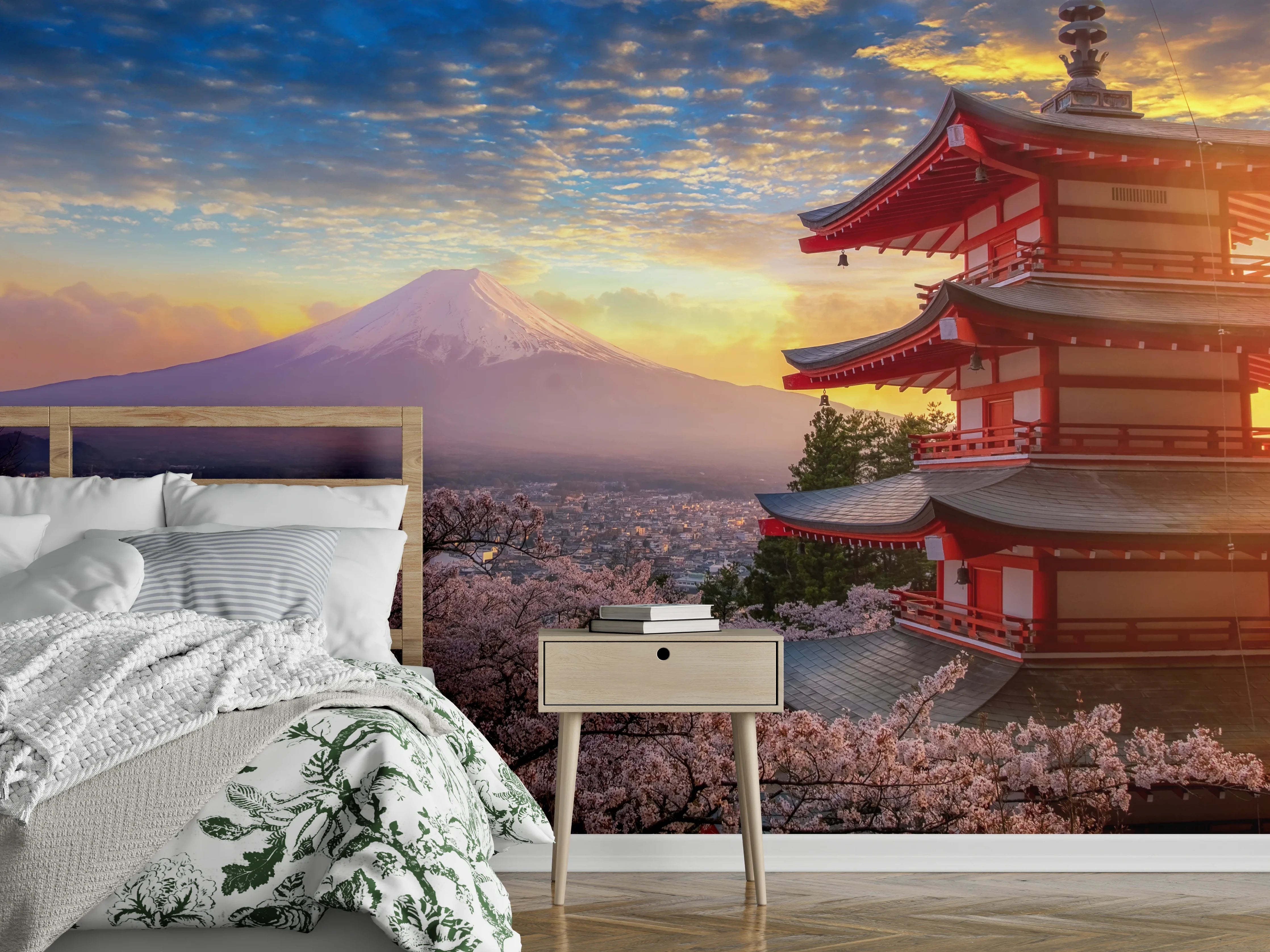 Wandverkleidung Schlafzimmer - Japanische Pagode mit Fuji bei Sonnenuntergang