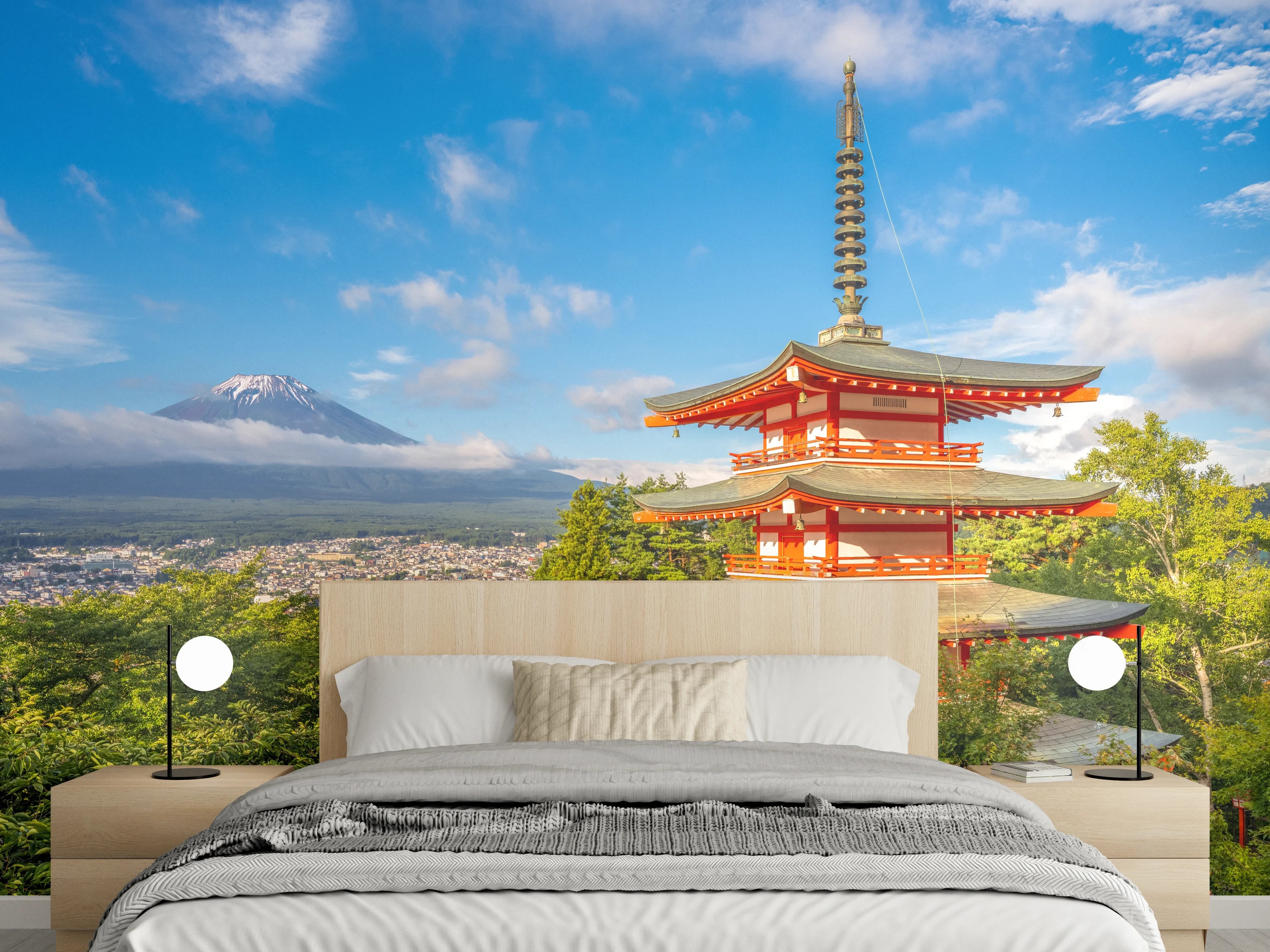 Wandverkleidung Schlafzimmer - Japanische Pagode mit Fuji im Hintergrund