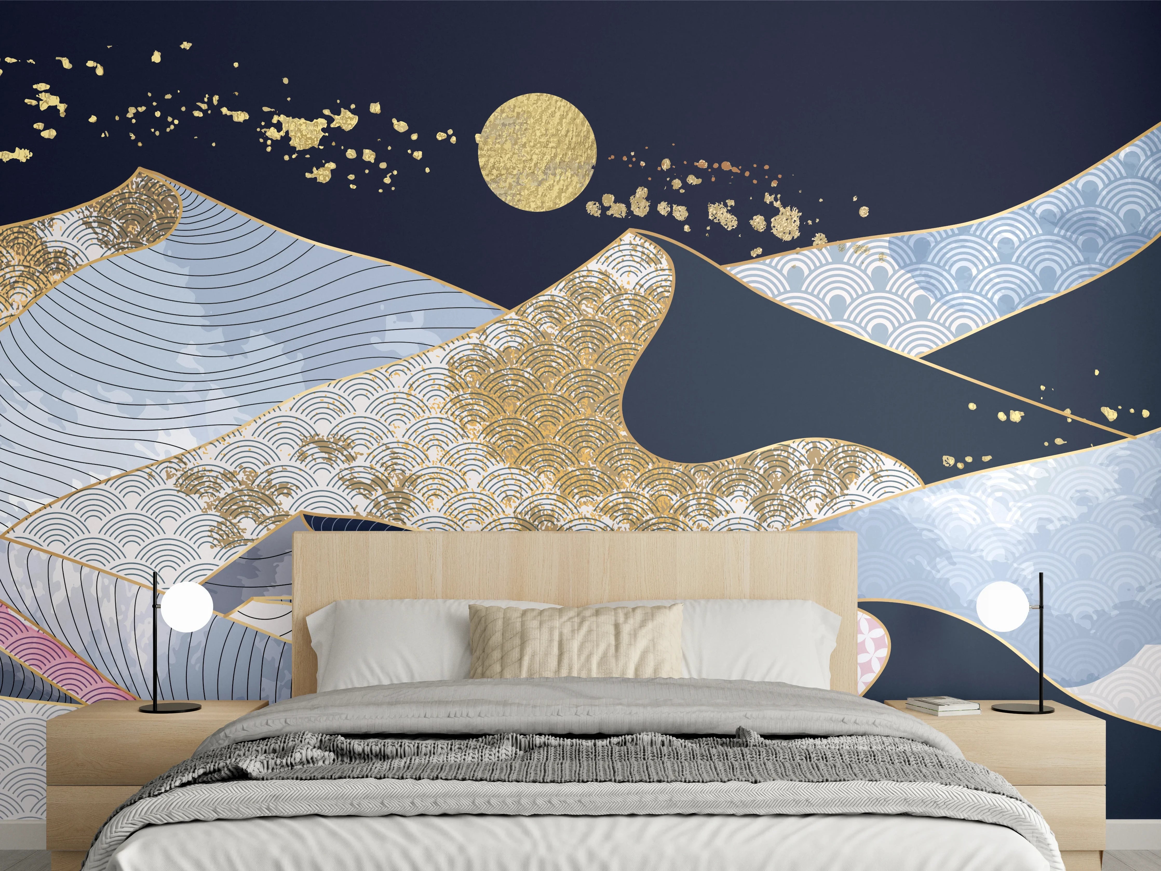 Wandverkleidung Schlafzimmer - Japanische abstrakte Berge & Goldnacht