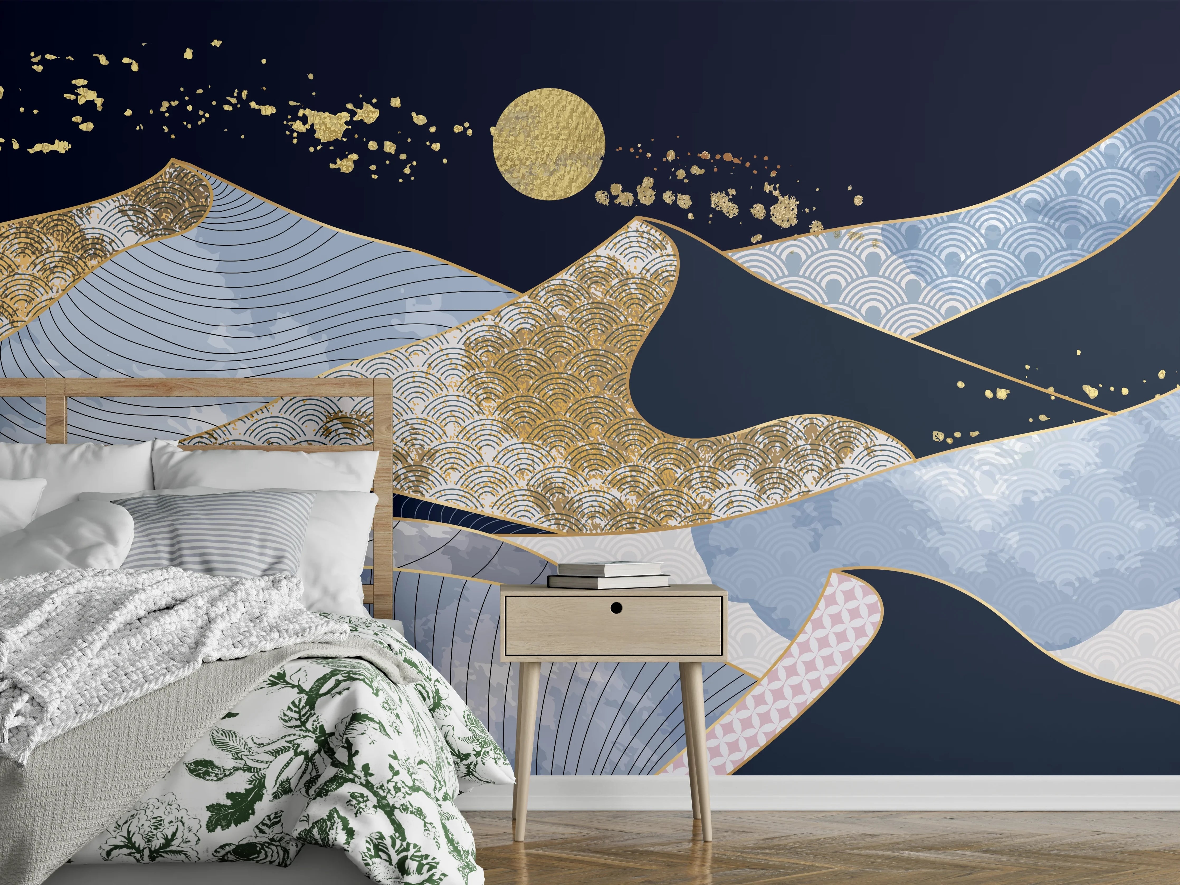 Wandverkleidung Schlafzimmer - Japanische abstrakte Berge & Goldnacht
