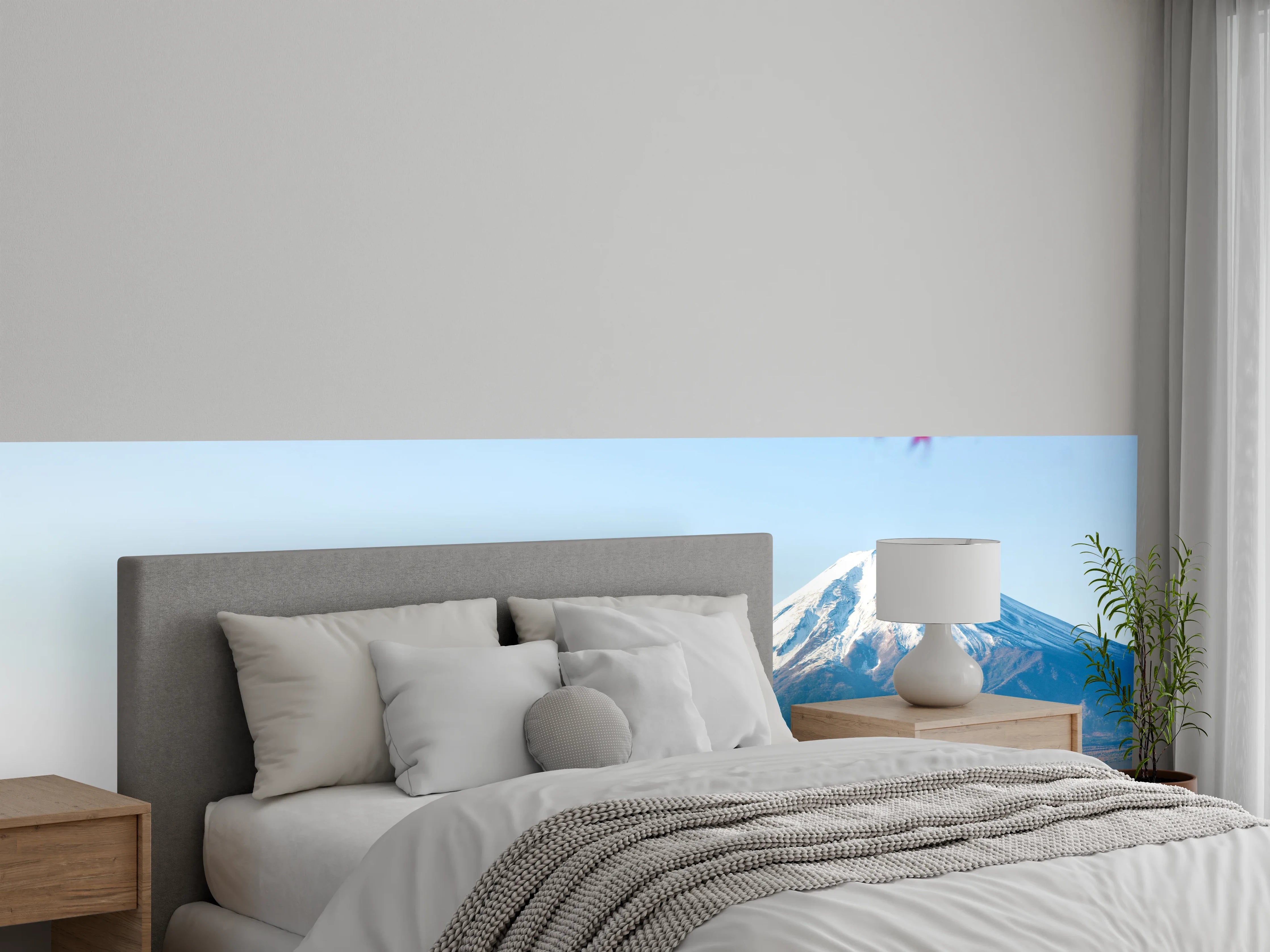 Wandverkleidung Schlafzimmer - Japanischer Fuji mit Spiegelung und Ahorn