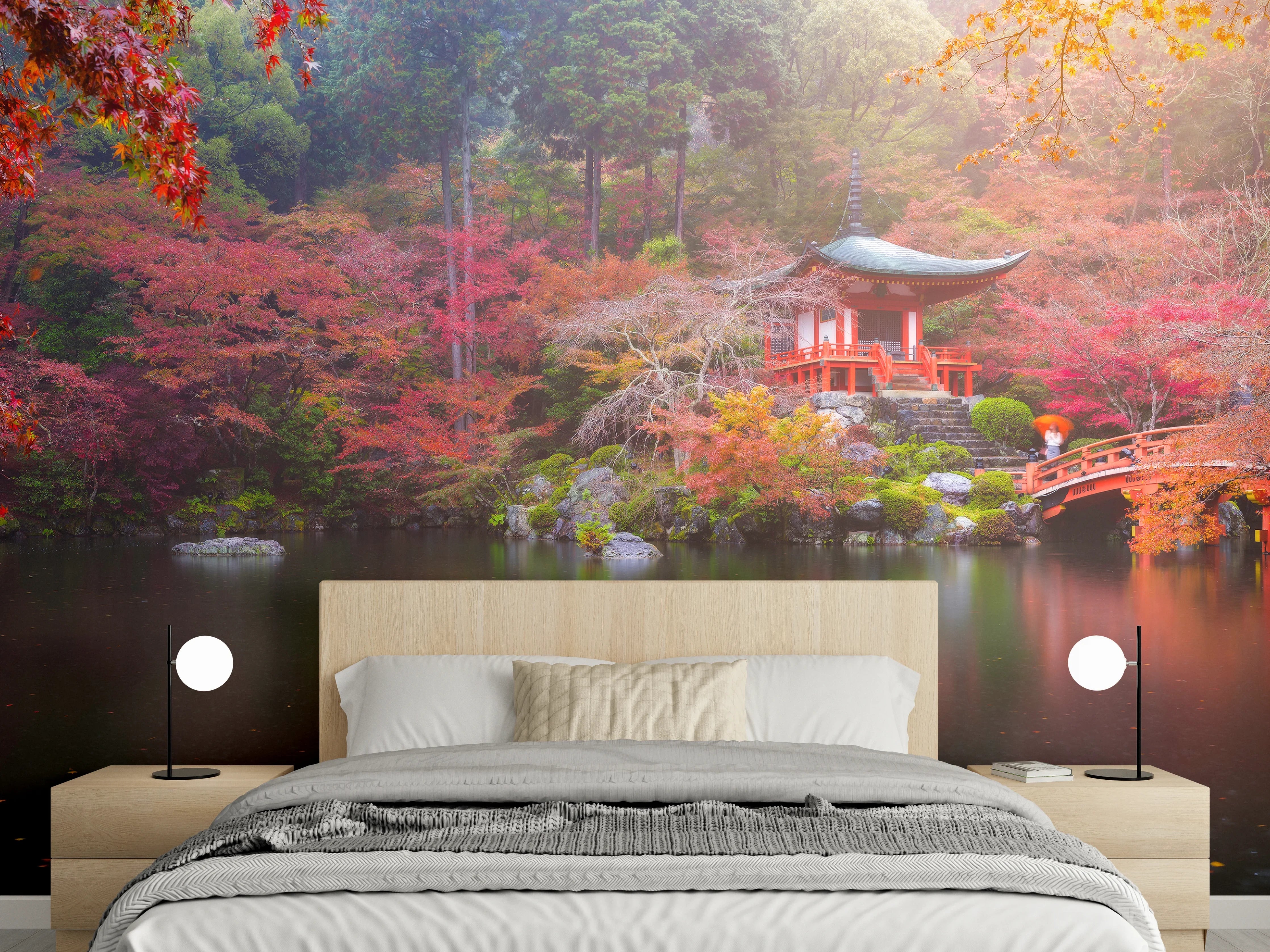 Wandverkleidung Schlafzimmer - Japanischer Garten im Herbst Panorama