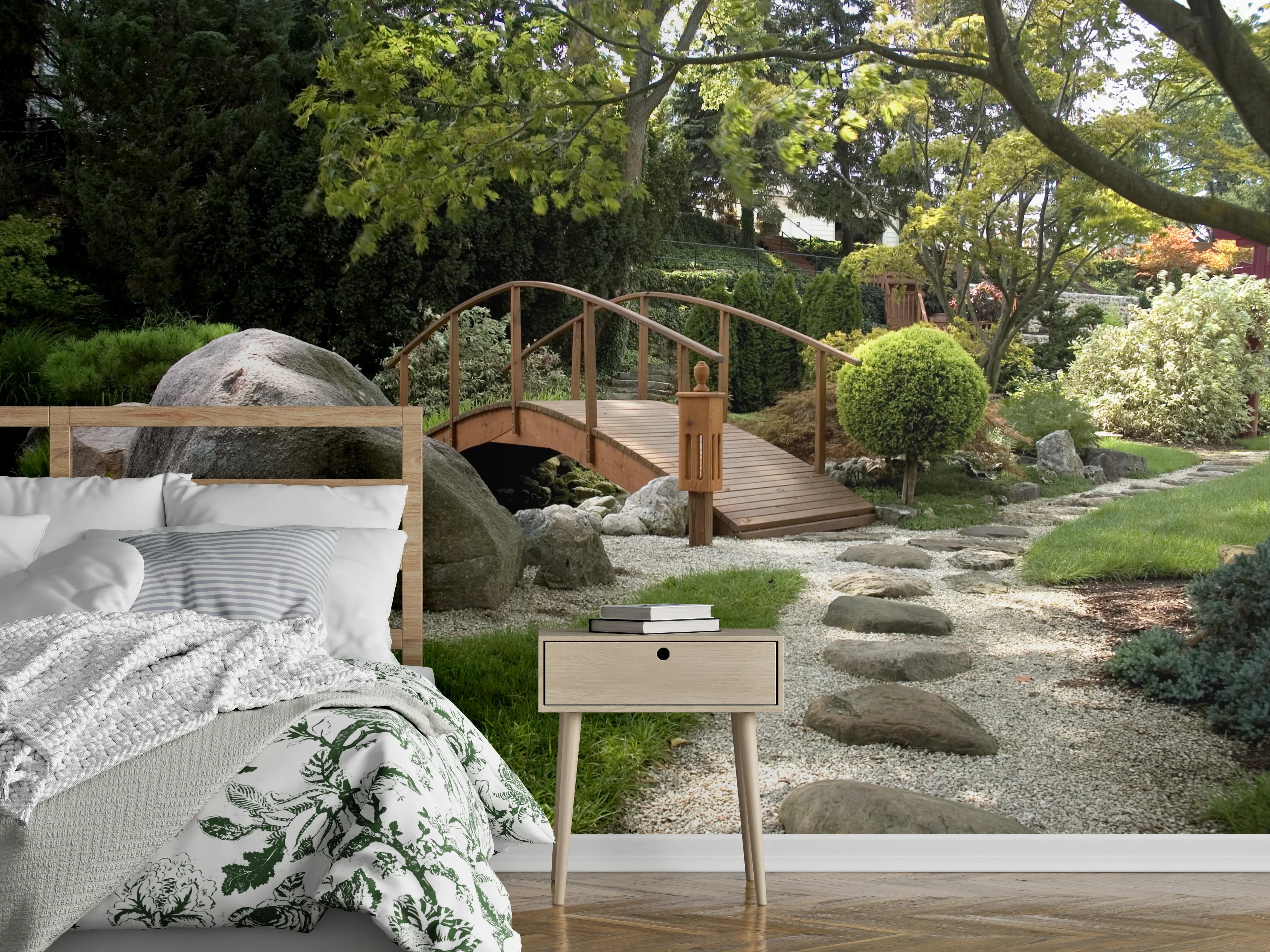Wandverkleidung Schlafzimmer - Japanischer Garten mit Holzbrücke im Frühling