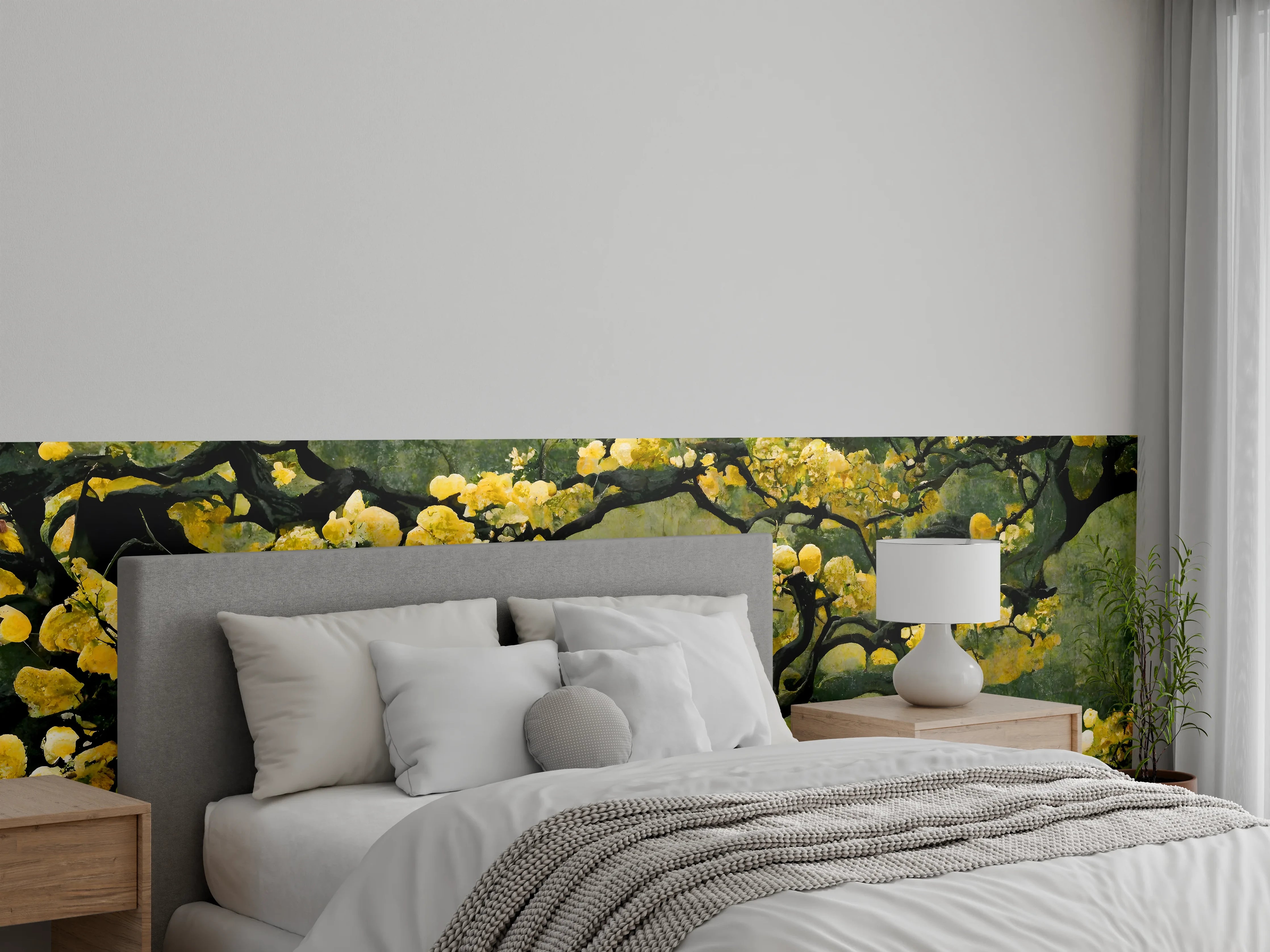 Wandverkleidung Schlafzimmer - Japanischer Kirschbaum Aquarell Gelbgrün