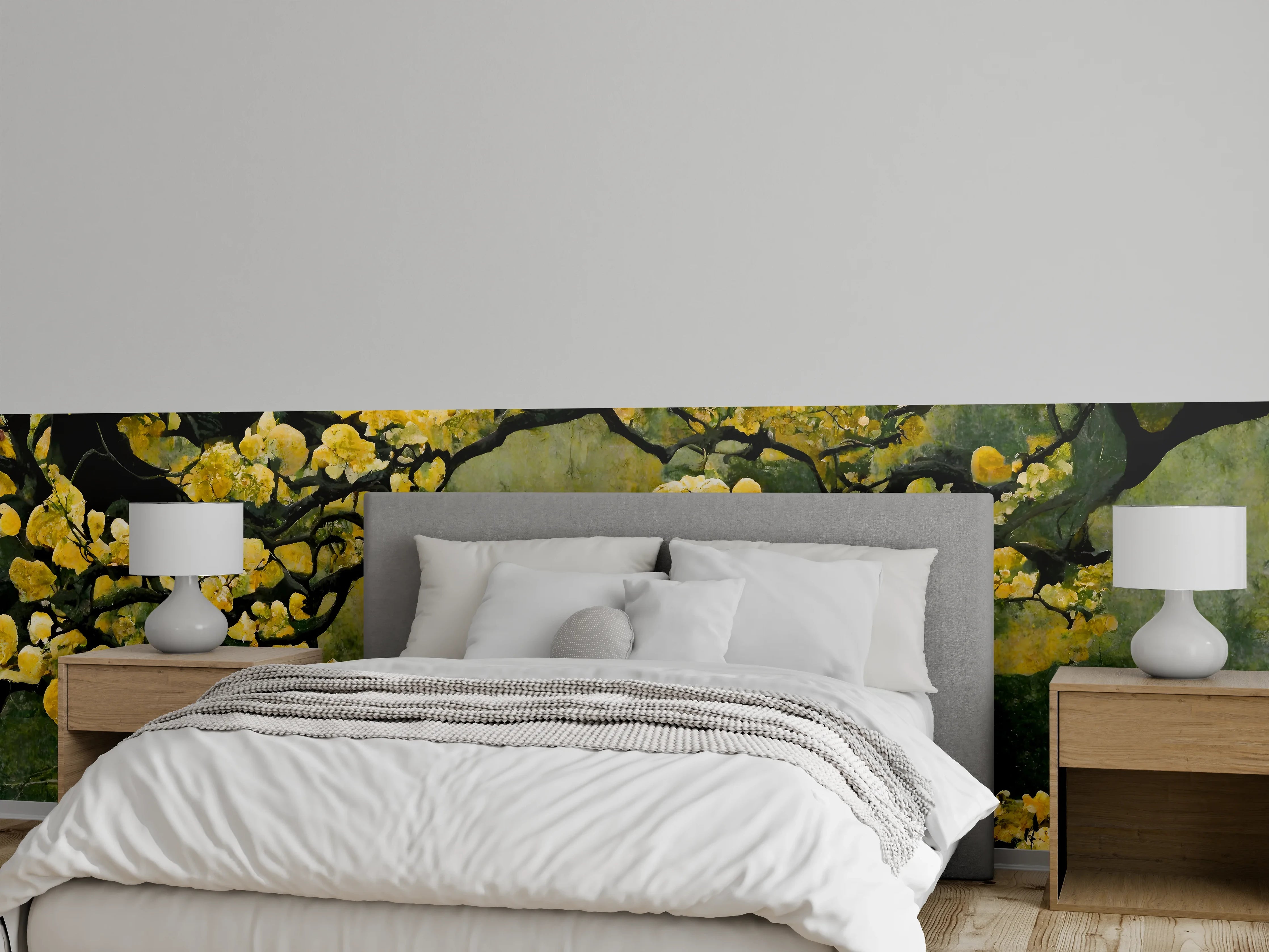 Wandverkleidung Schlafzimmer - Japanischer Kirschbaum Aquarell Gelbgrün