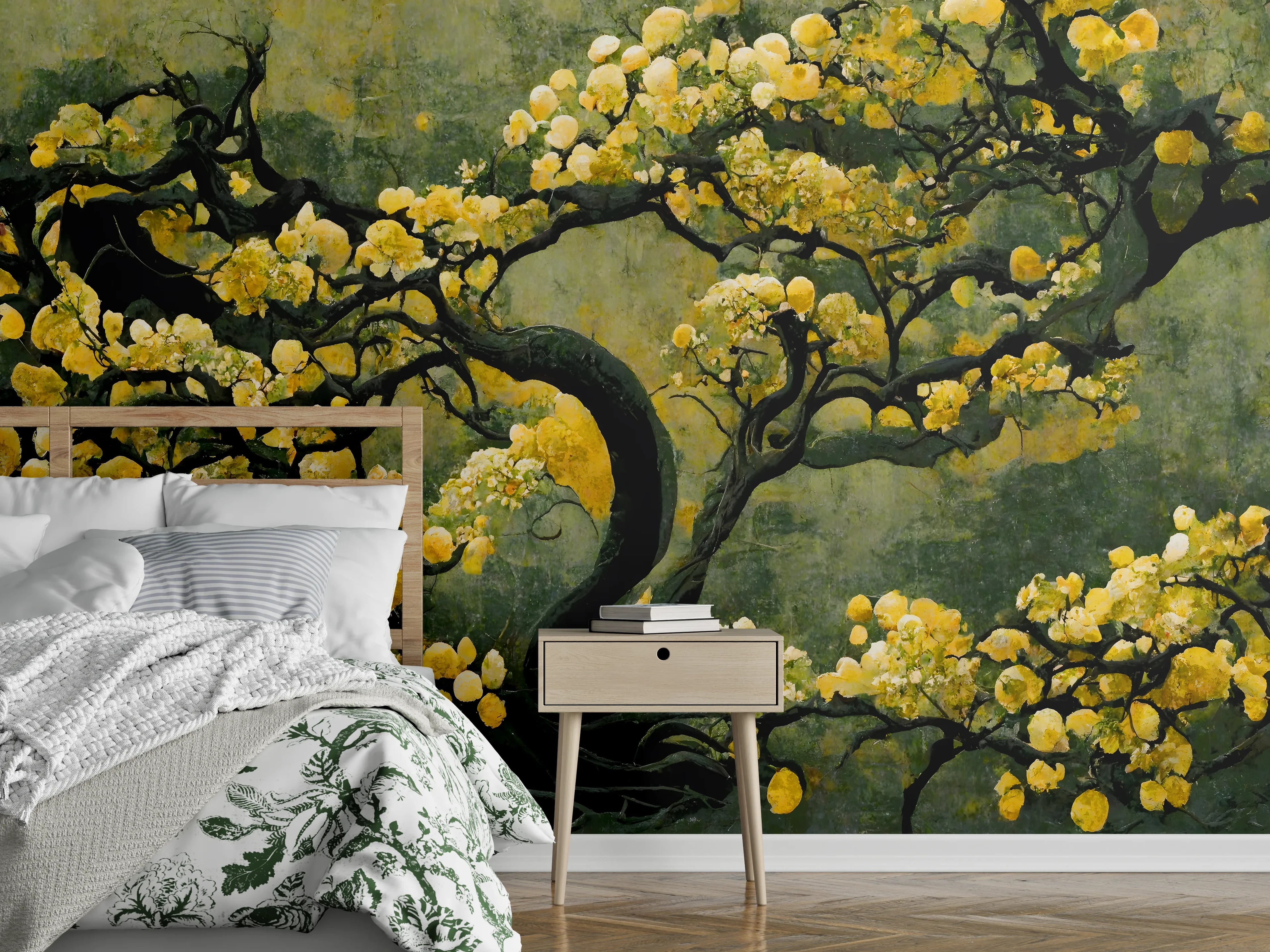Wandverkleidung Schlafzimmer - Japanischer Kirschbaum Aquarell Gelbgrün