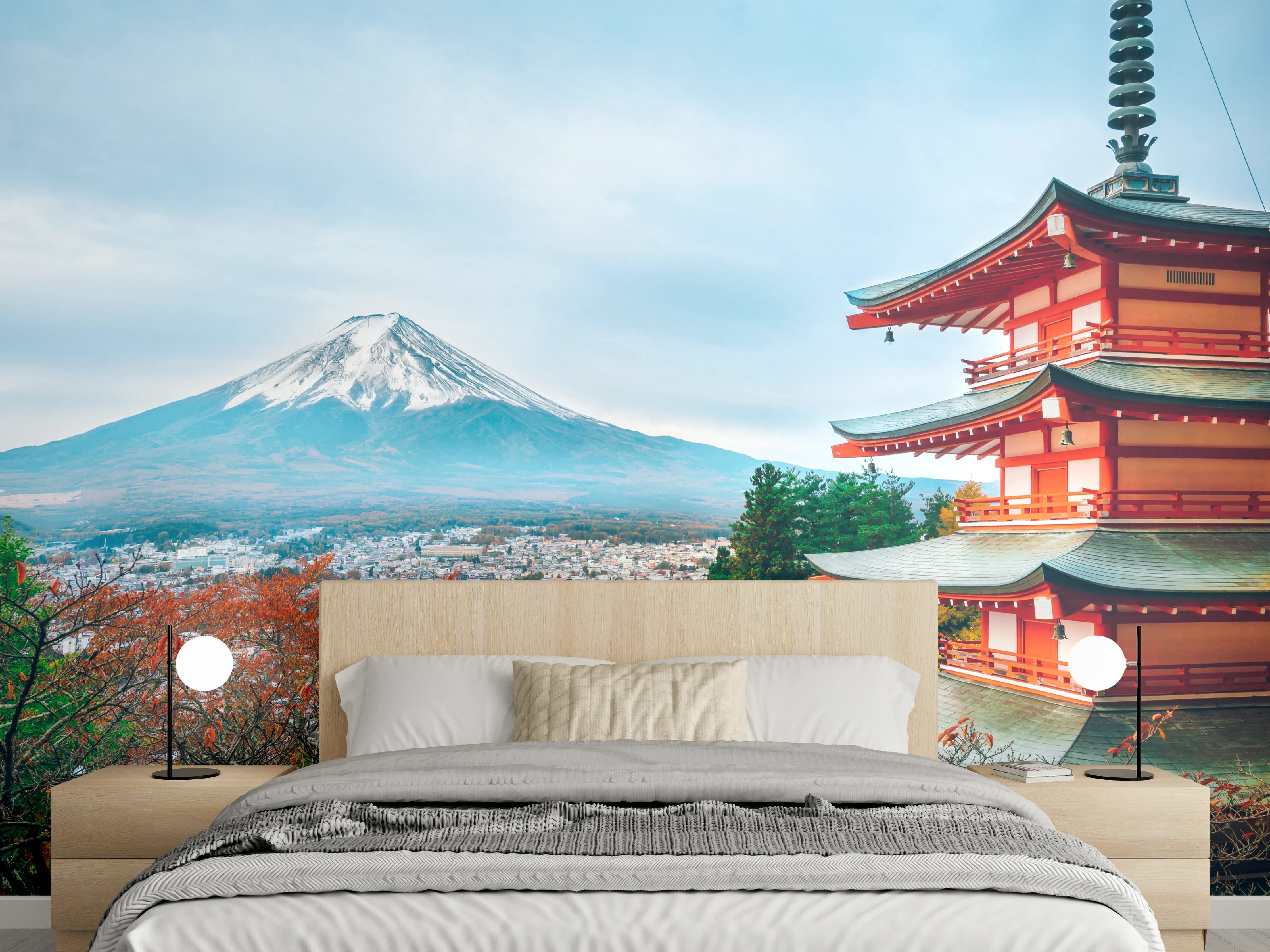 Wandverkleidung Schlafzimmer - Japanischer Tempel mit Fuji-Bergblick