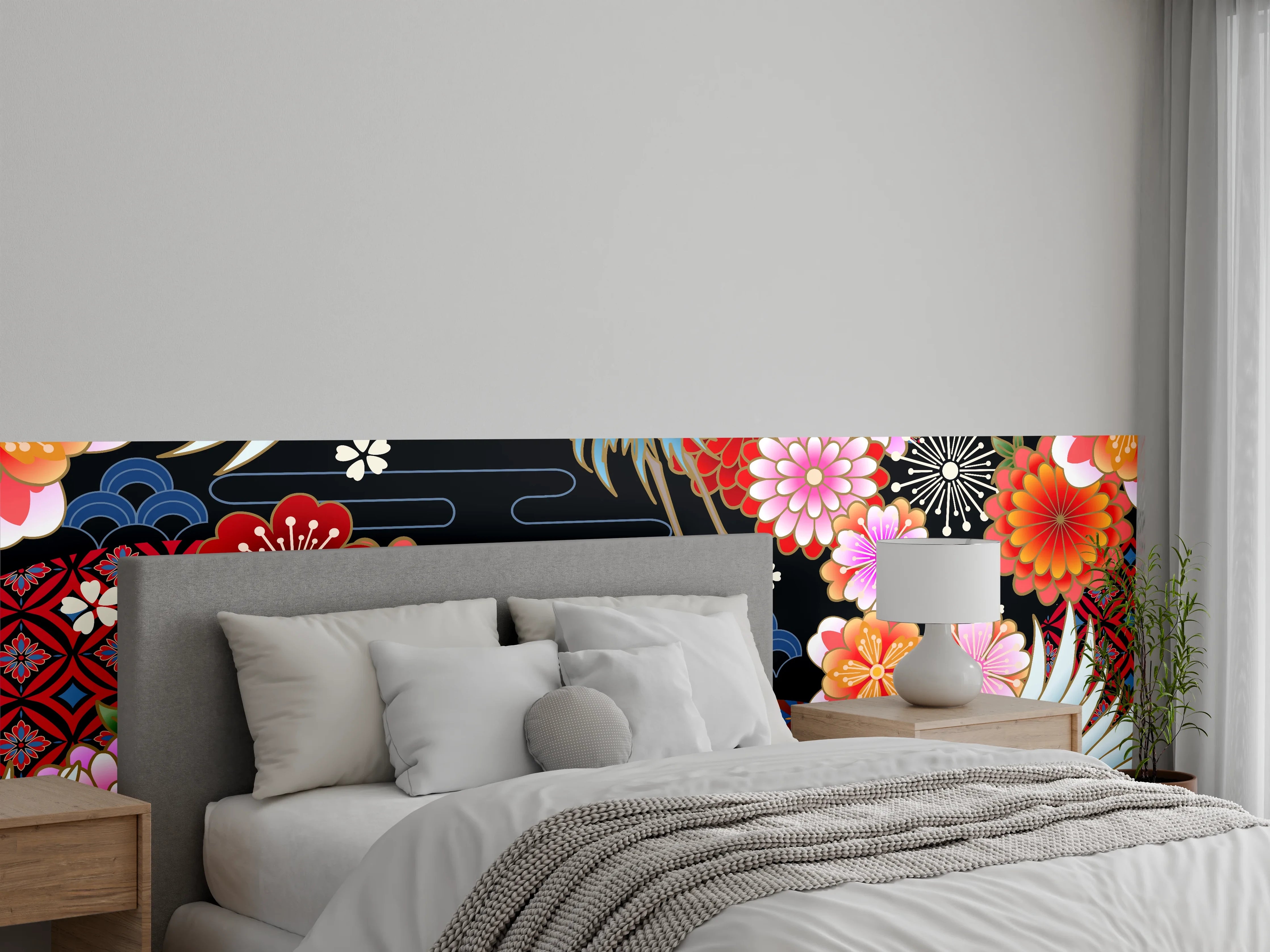 Wandverkleidung Schlafzimmer - Japanisches Kranich- und Blütenmuster
