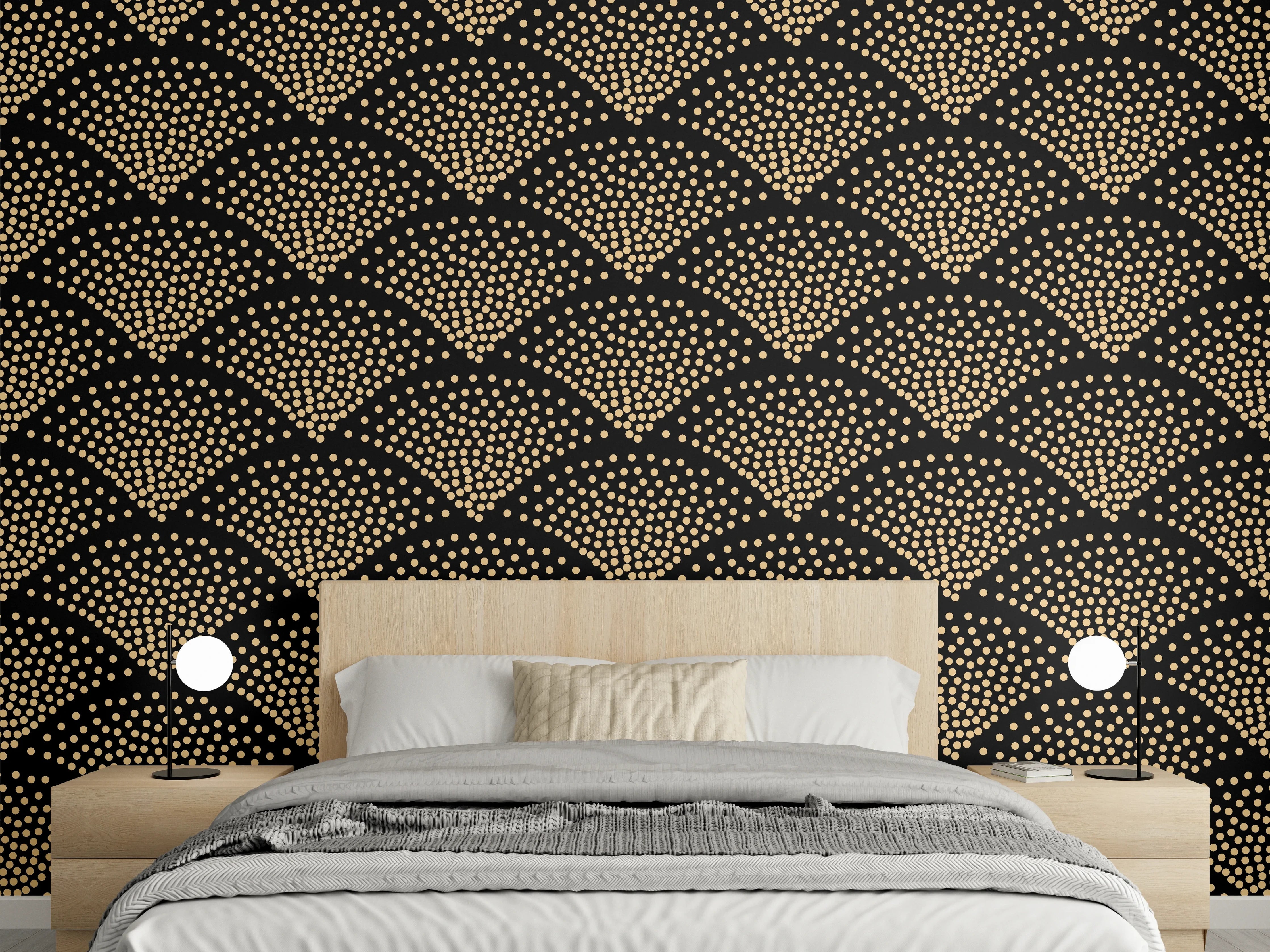 Wandverkleidung Schlafzimmer - Japanisches Wellenmuster schwarz-beige