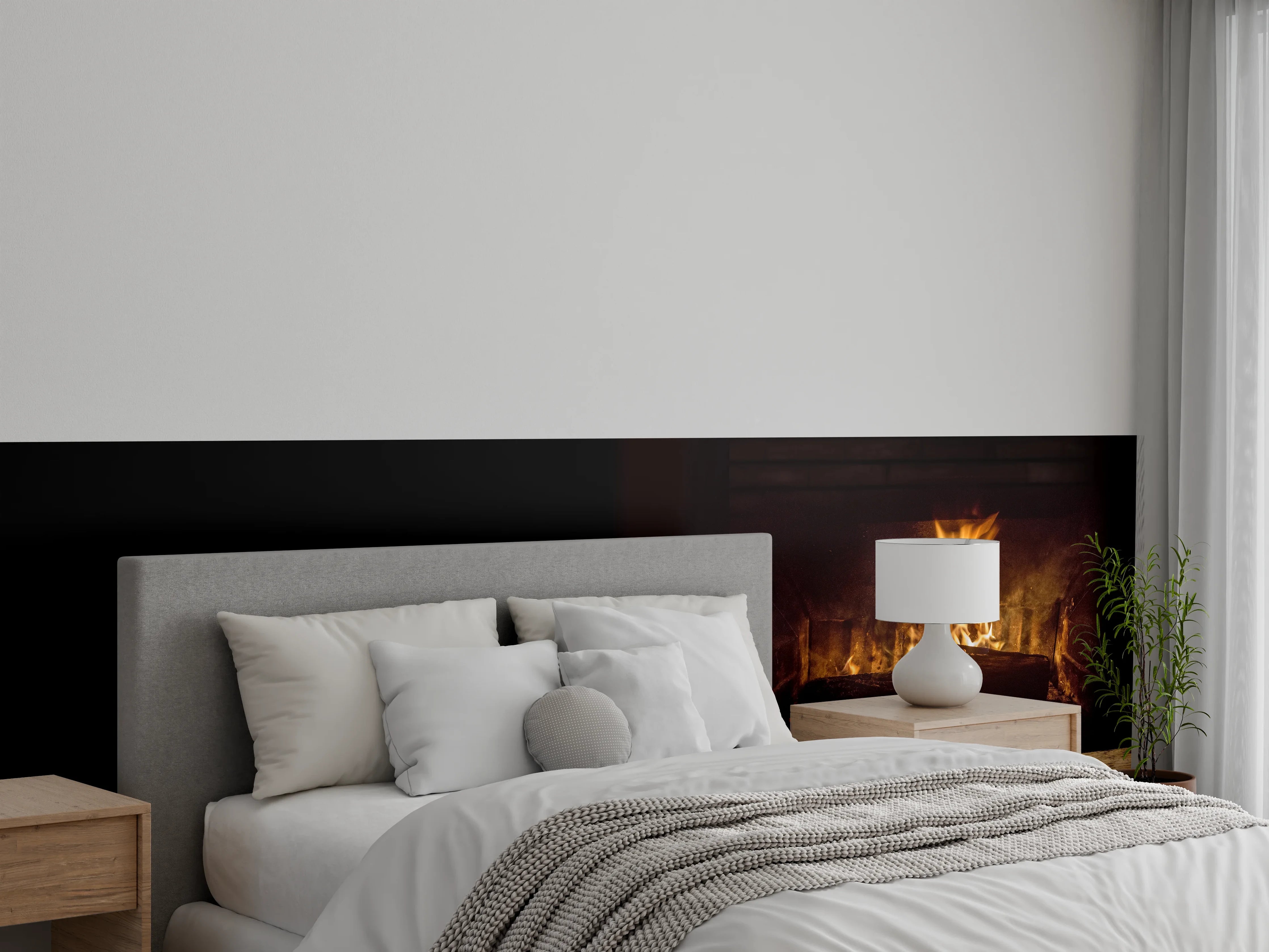 Wandverkleidung Schlafzimmer - Kaminfeuer vor Holztisch