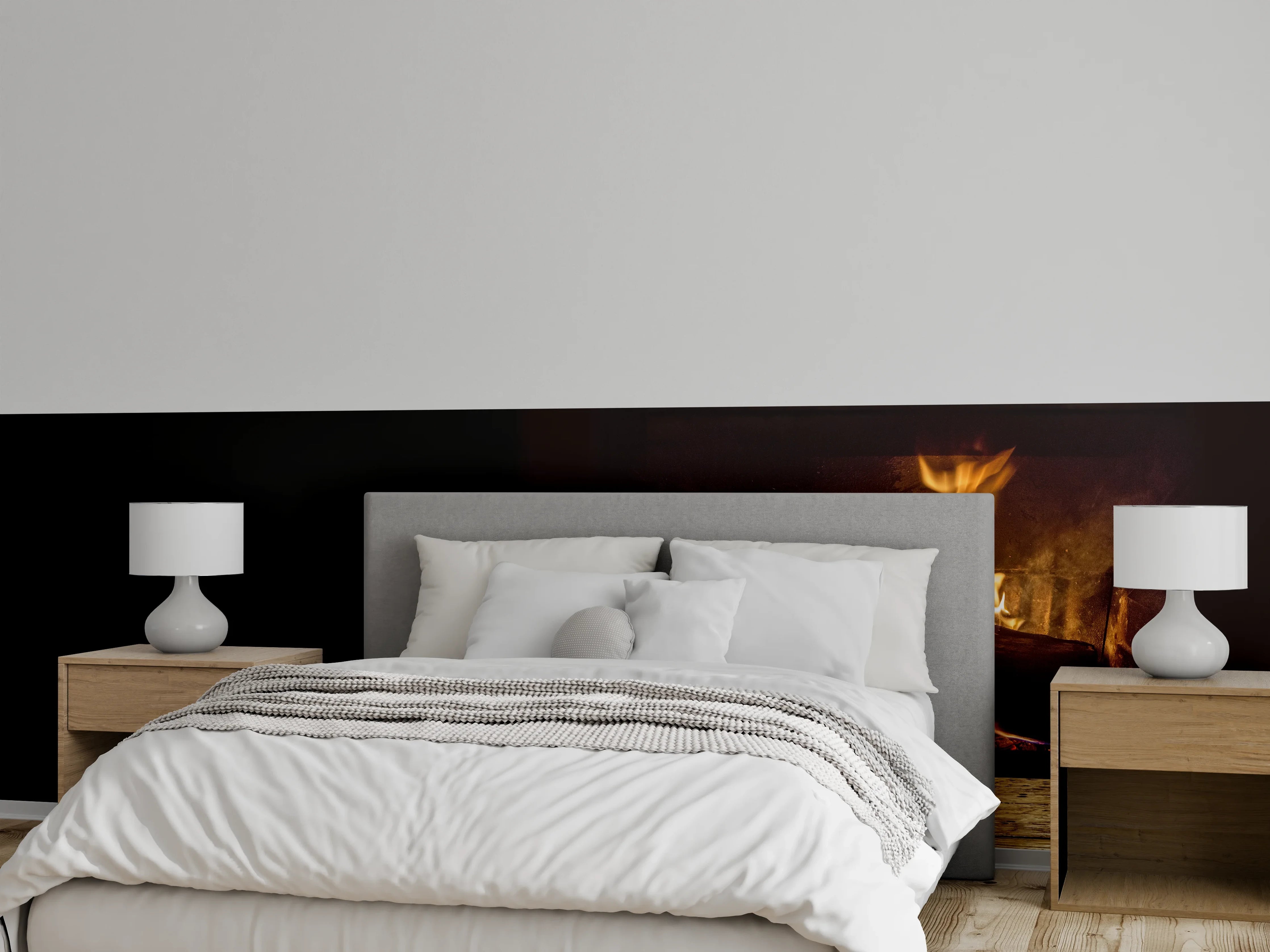 Wandverkleidung Schlafzimmer - Kaminfeuer vor Holztisch