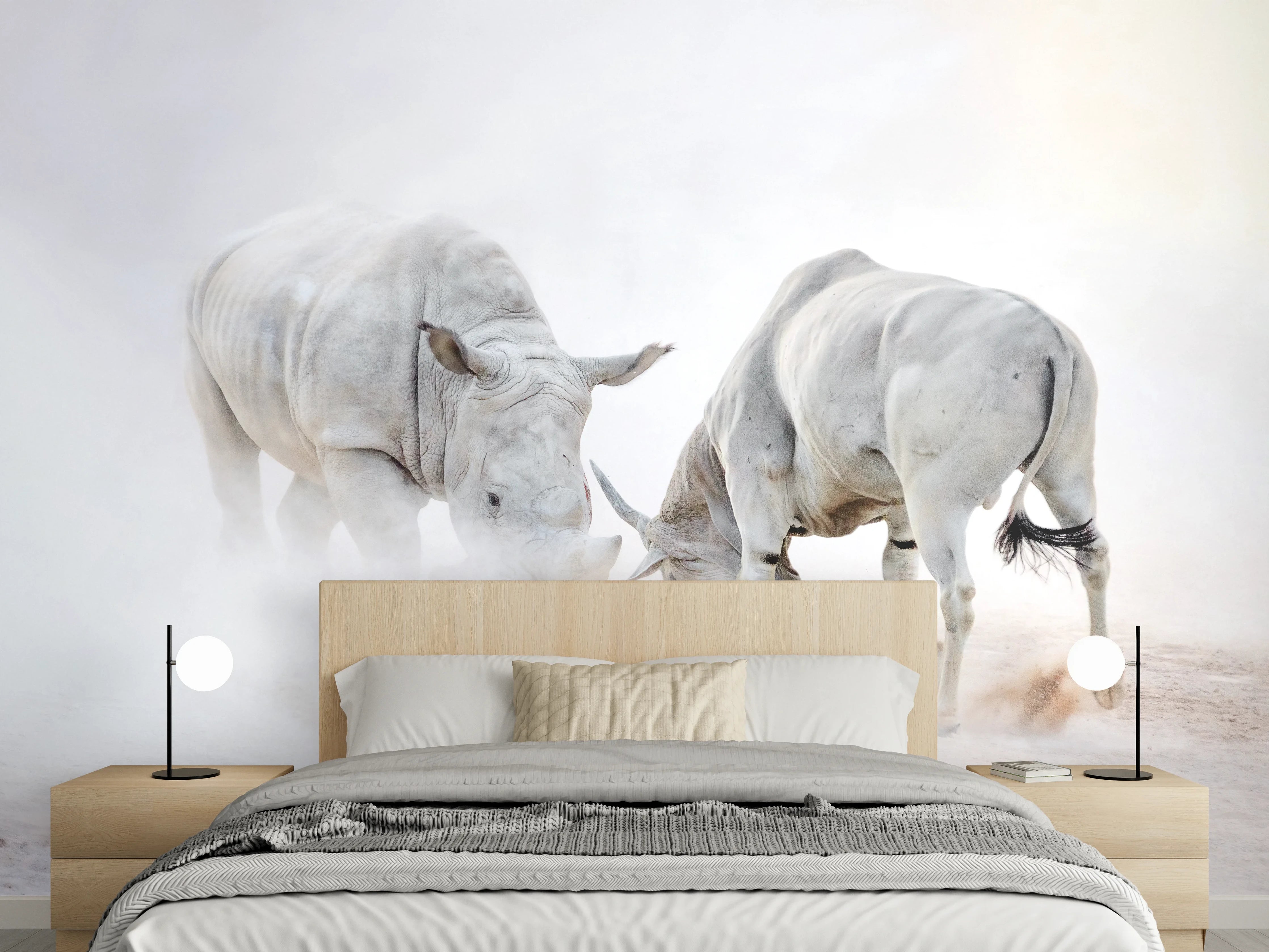 Wandverkleidung Schlafzimmer - Kampf zwischen Nashorn und Oryx