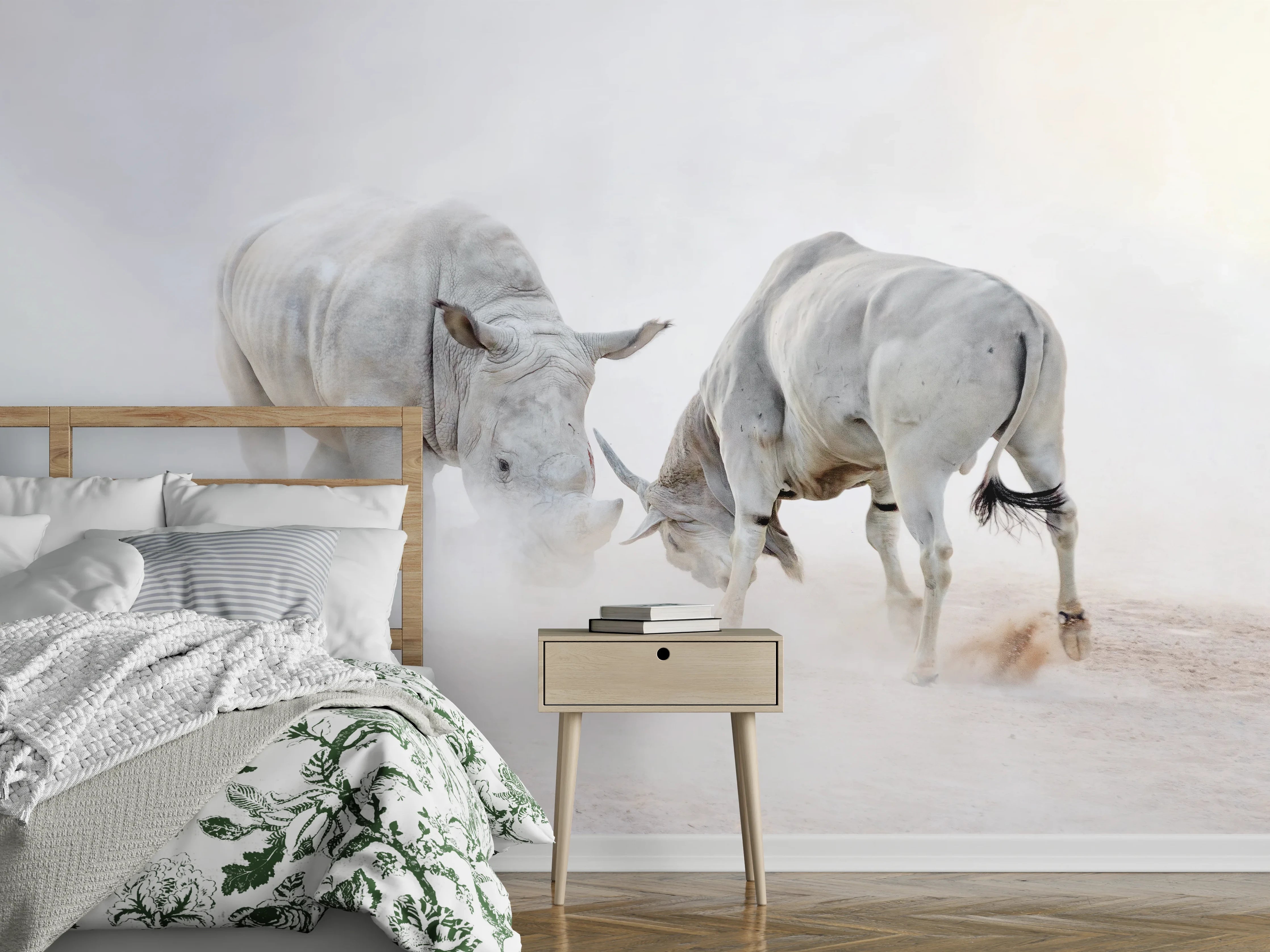 Wandverkleidung Schlafzimmer - Kampf zwischen Nashorn und Oryx